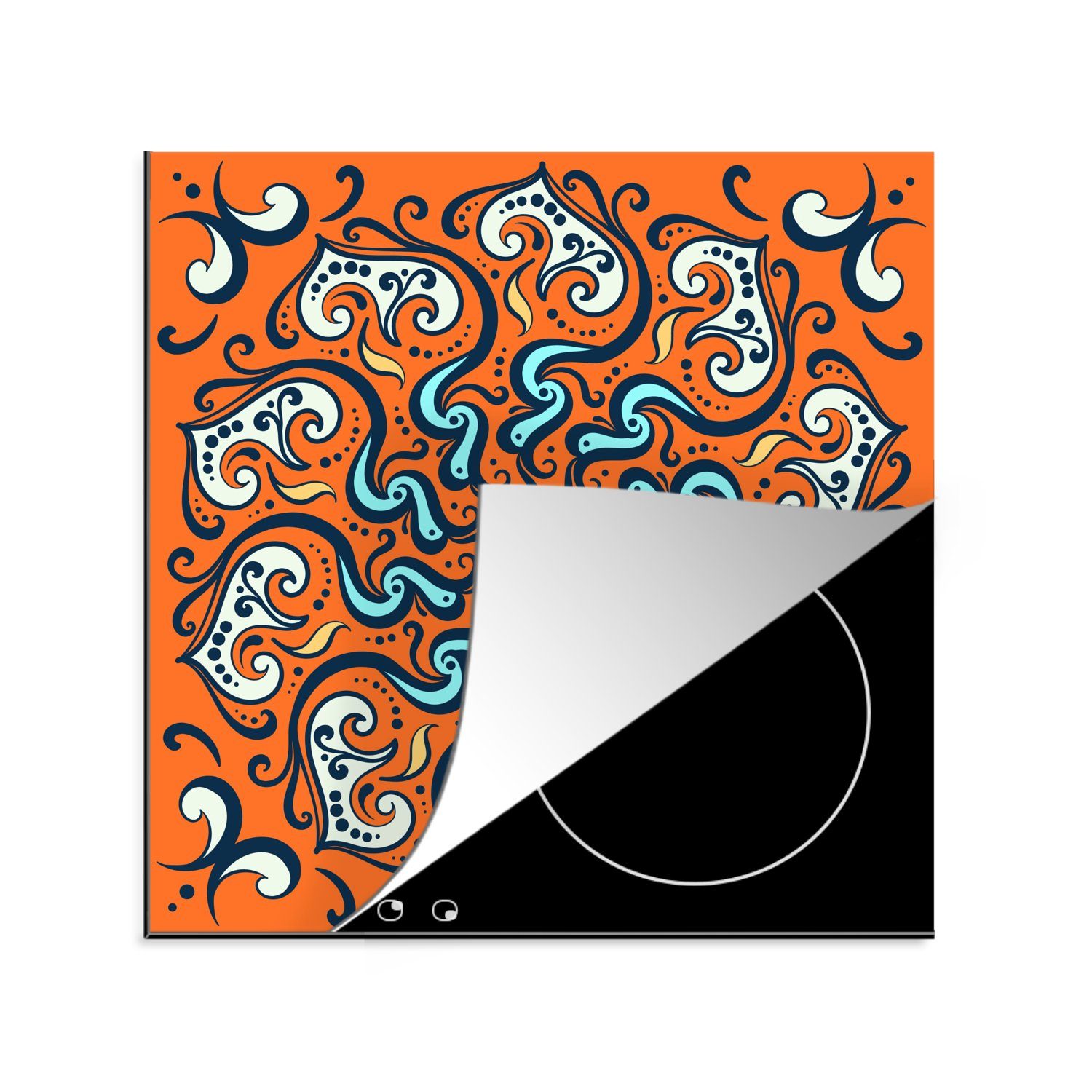 MuchoWow Herdblende-/Abdeckplatte Mandala - Blätter - Blau - Orange, Vinyl, (1 tlg), 78x78 cm, Ceranfeldabdeckung, Arbeitsplatte für küche