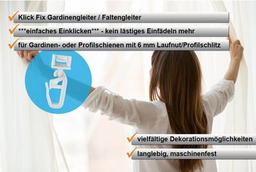 Gardinengleiter Faltengleiter klick Fix, dekondo, für Gardinen-/Vorhangschienen mit 6 - 6,5 mm Laufnut/Spurbreite, (100-St), mit Faltenlegehaken, verschließbar