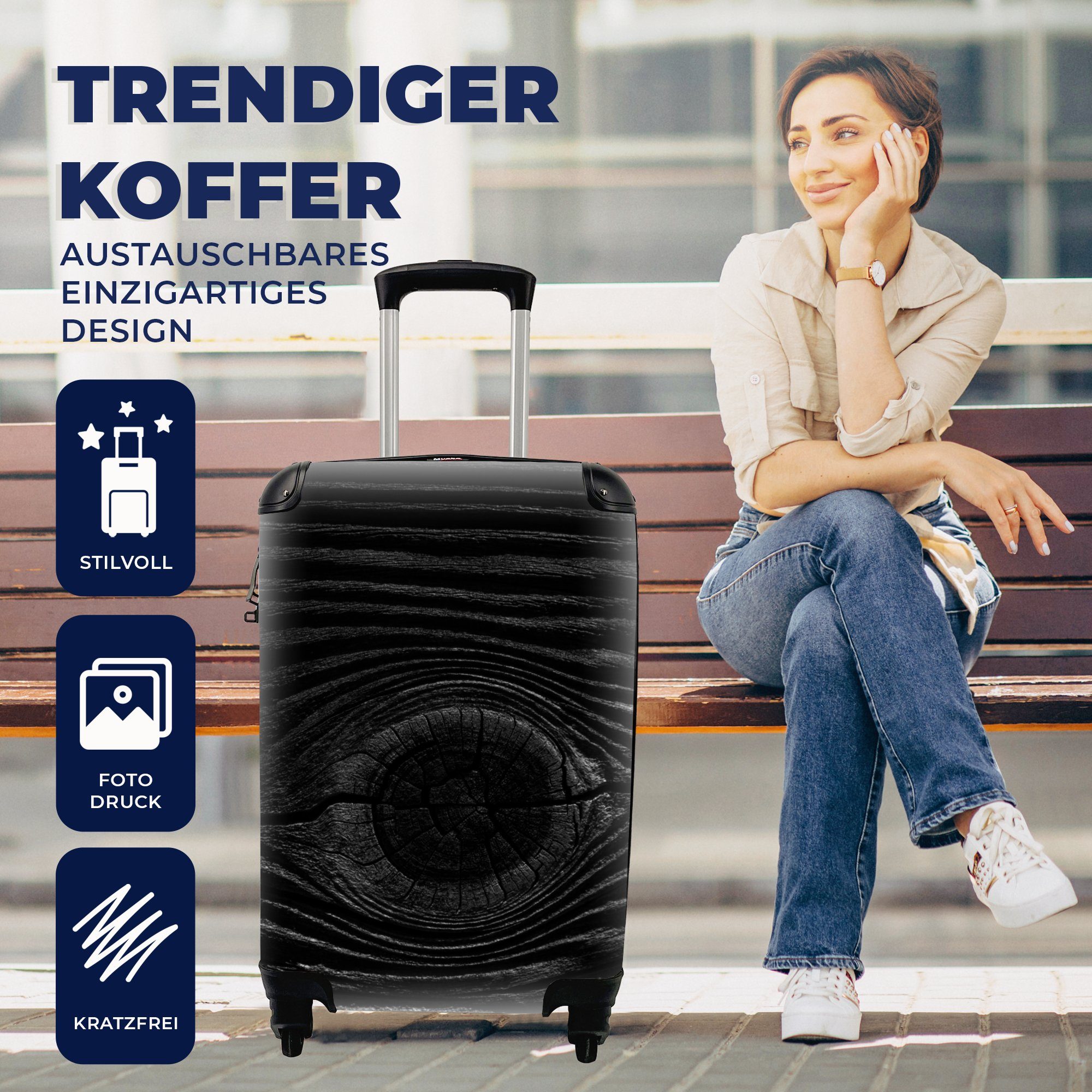 Handgepäck Ferien, Strukturen, 4 Rollen, MuchoWow - Weiß Reisetasche Design Schwarz - Reisekoffer mit - - für Holz Handgepäckkoffer rollen, Trolley,