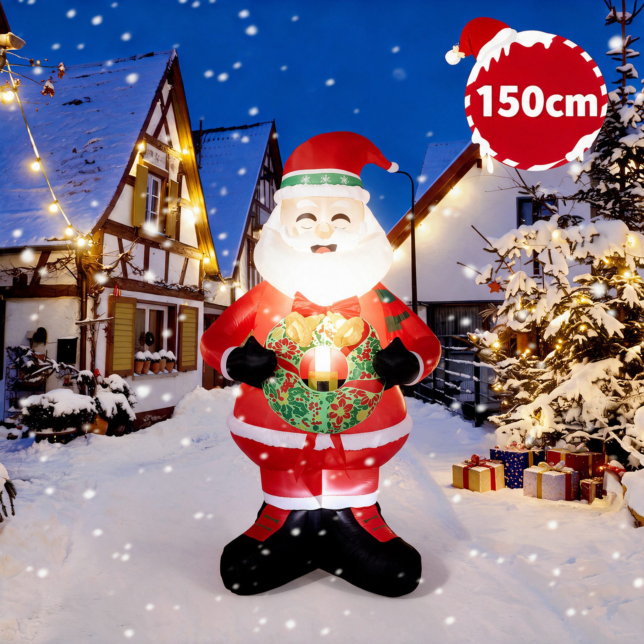 GarveeMore Weihnachtsfigur Aufblasbarer Weihnachtsmann mit Kranz, LED Beleuchtung, mit Gebläse, 150 cm, IP44 Wasserdicht, Innen und Außen, für Garten Hof Rasen