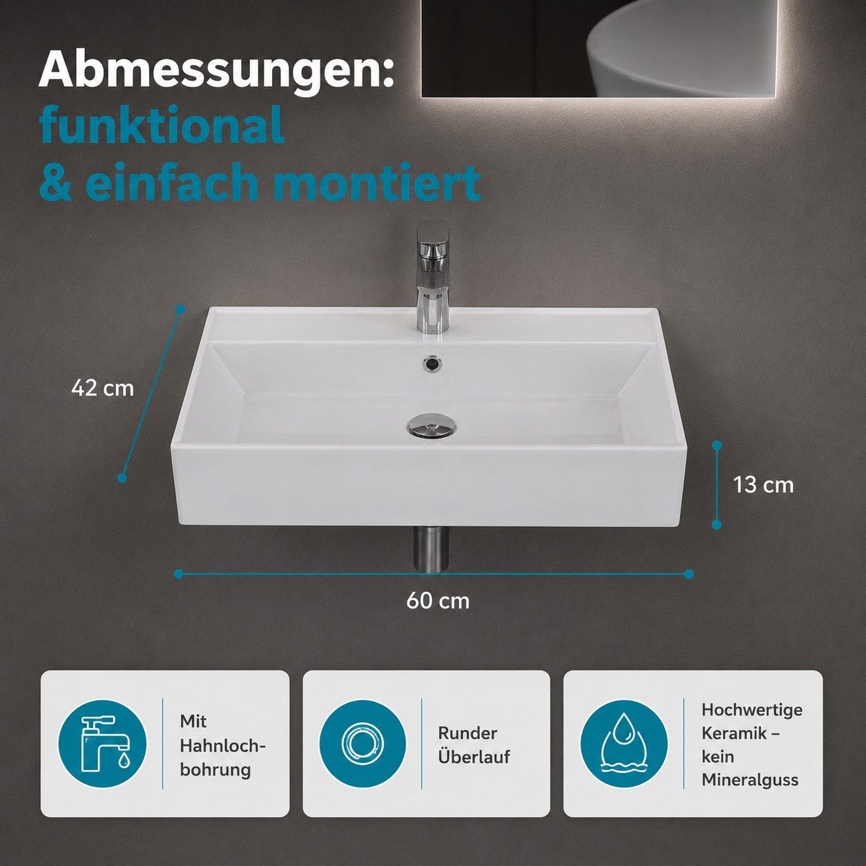 Aqua Bagno Waschbecken Aqua Bagno Keramik Waschtisch Waschbecken 60cm Möbel Aufsatz Wand (Einzel, ohne Armatur u. Ablaufgarnitur), Hänge- Aufsatzwaschbecken mit Hahnloch
