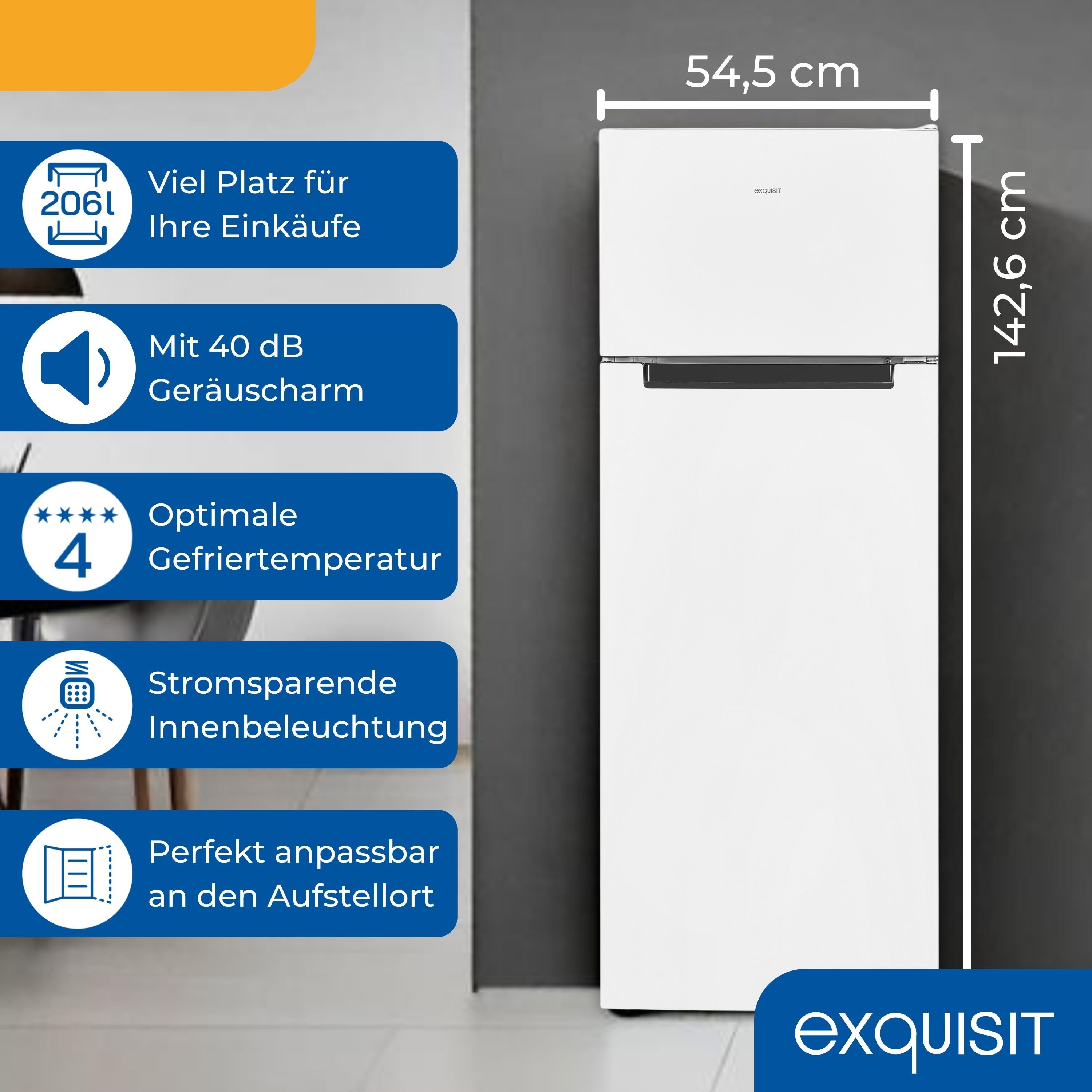 exquisit Kühl-/Gefrierkombination KGC5270-45-040E, 143 cm hoch, 55 cm breit, 4-Sterne-Gefrierfach, kompakt, effizient