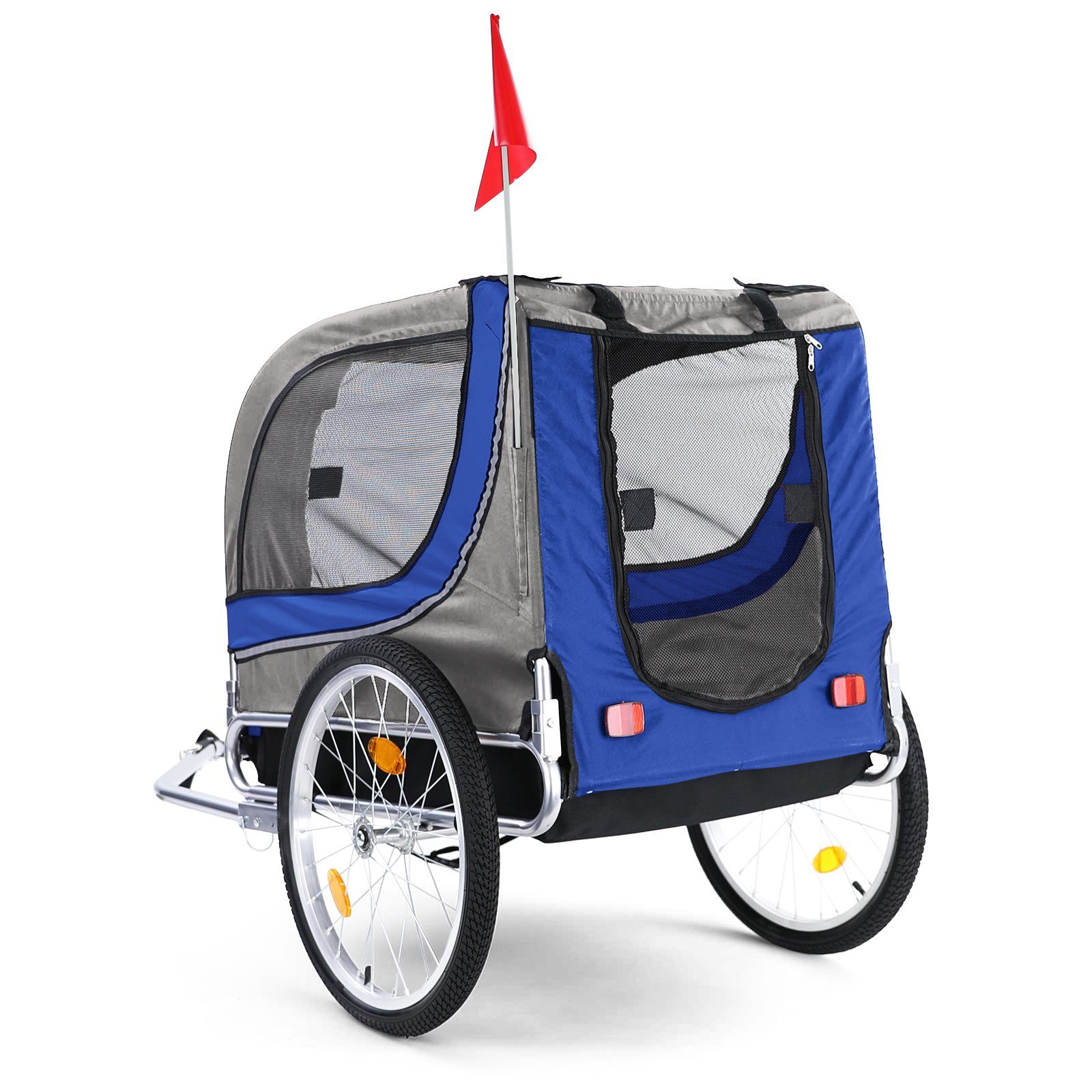 Thumbnail - RAMROXX Fahrradhundeanhänger Hundeanhänger klappbar für Haustiere Blau Grau bis 40Kg, Mit Schutzhaube