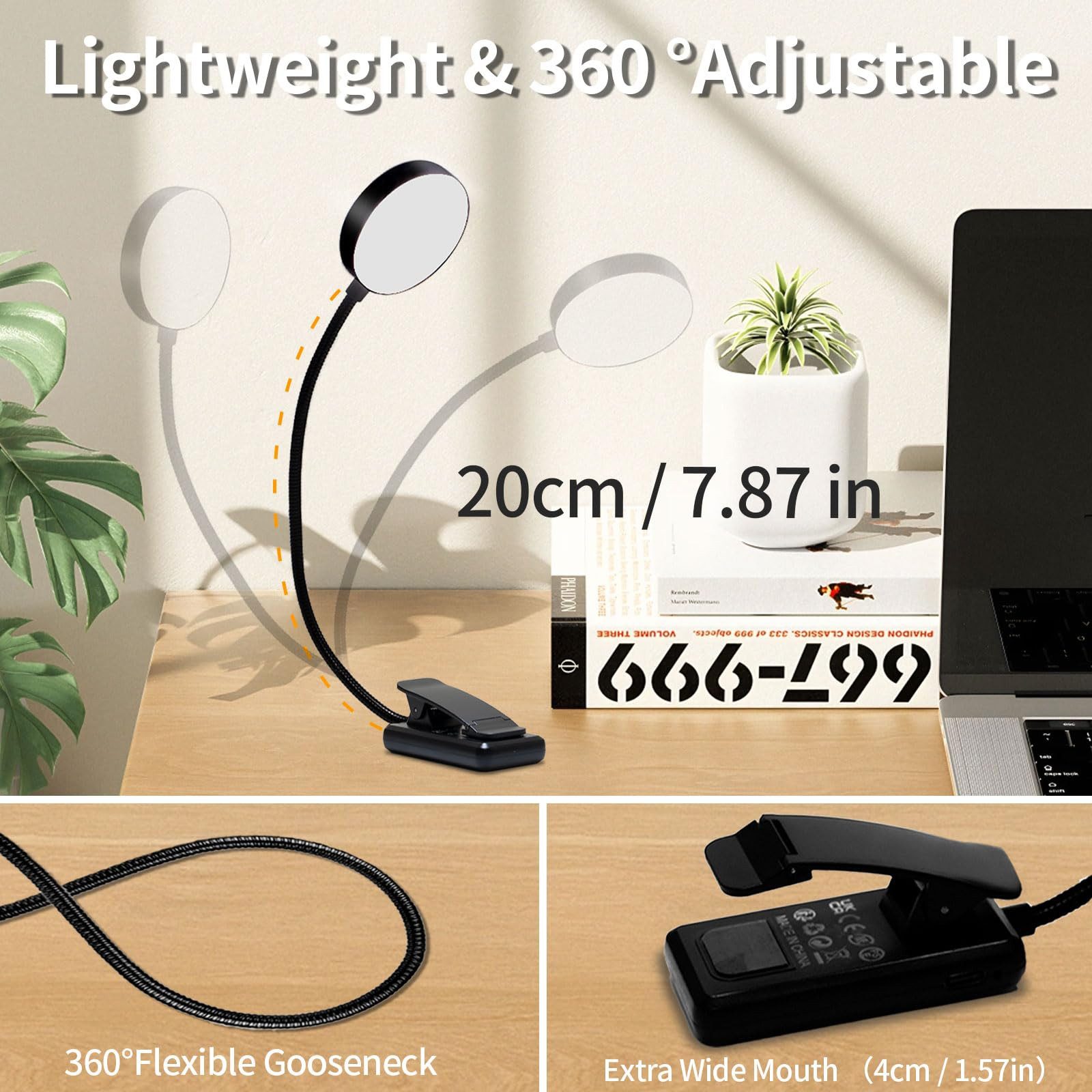 LQWELL LED Leselampe Leselampe Buch Klemme im Bett, USB Wiederaufladbare Leselicht, LED fest integriert, mit 3 Farbtemperaturen, 10 Helligkeitsstufen & Stufenlo – Bild 5 von 5