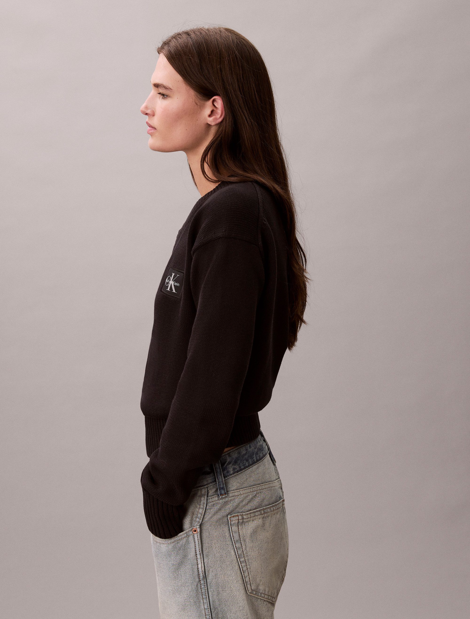 Calvin Klein Jeans V-Ausschnitt-Pullover Feinstrick, taillenlang