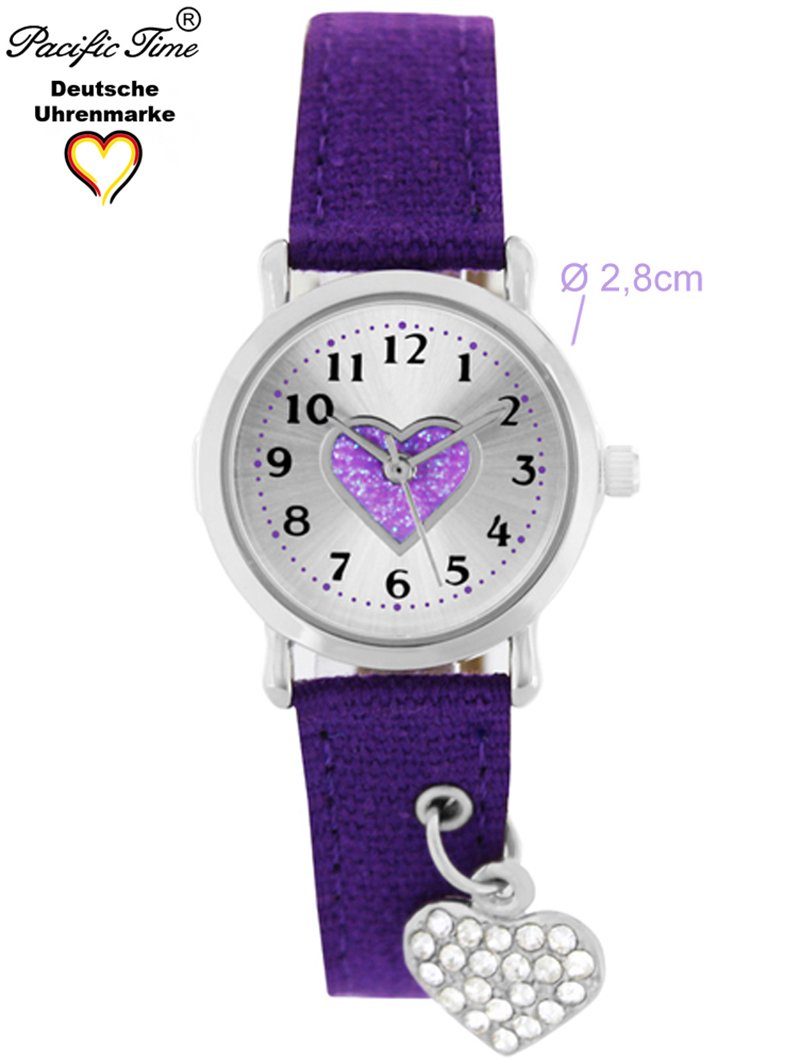 Pacific Time Quarzuhr Kinder Armbanduhr mit Herzanhänger Stoffarmband, funkelndes Herzchen am Armband - Gratis Versand – Bild 4 von 5