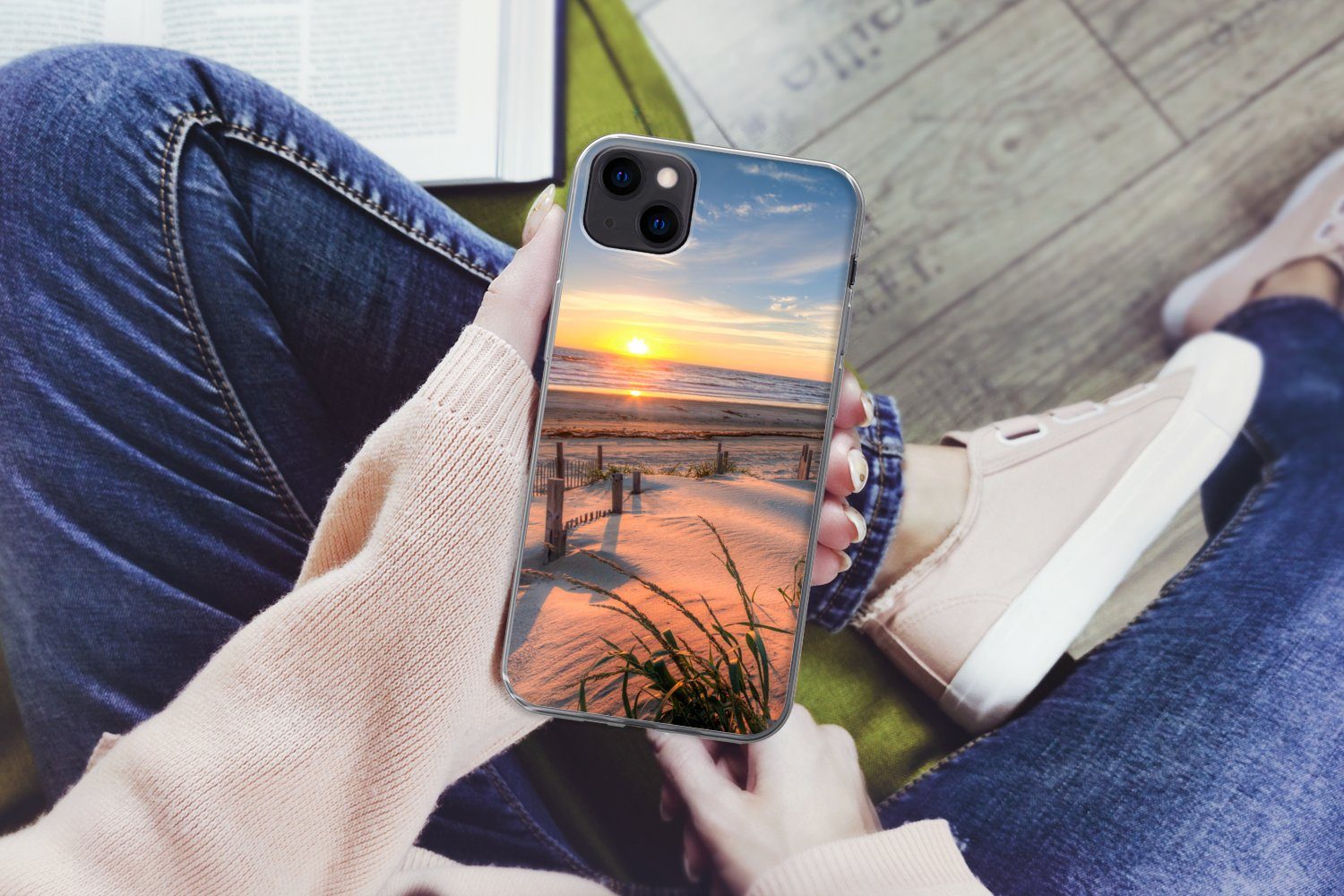 MuchoWow Handyhülle für Apple iPhone 13 mini Strand - Meer - Düne - Sonnenuntergang - Land, Smartphone-Bumper, Print, Handy Schutzhülle Dünn