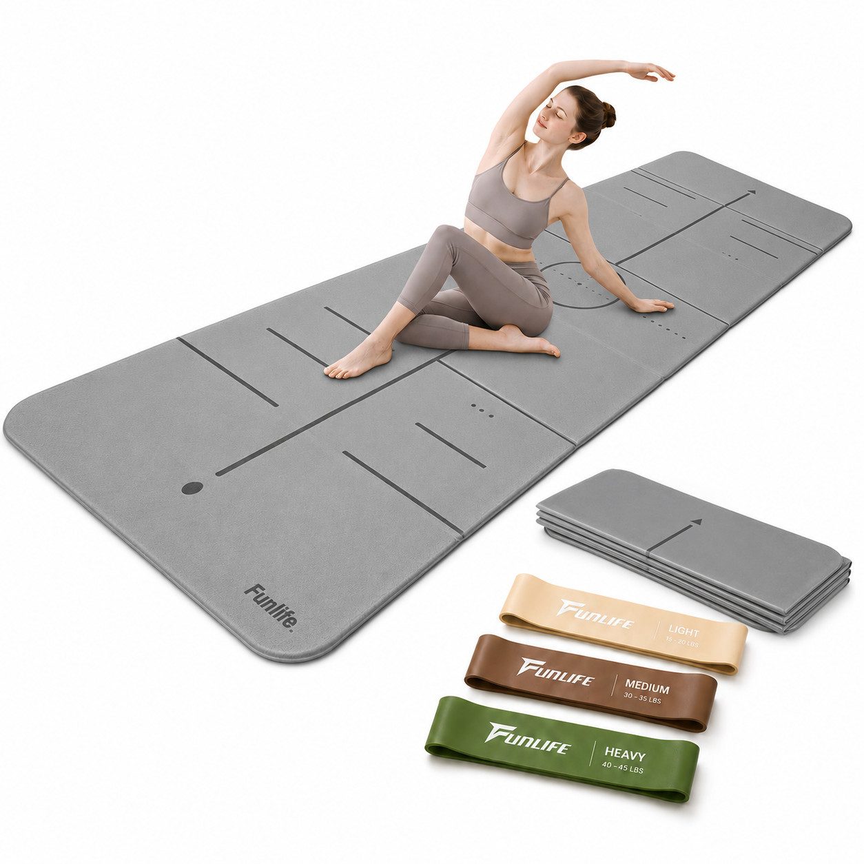 FunLife Yogamatte FOLD Design-Edition – Einzelmatte oder Set mit 3 Fitnessbändern (Einzelmatte), 10 mm dick, faltbar, platzsparend, 190 × 66 cm