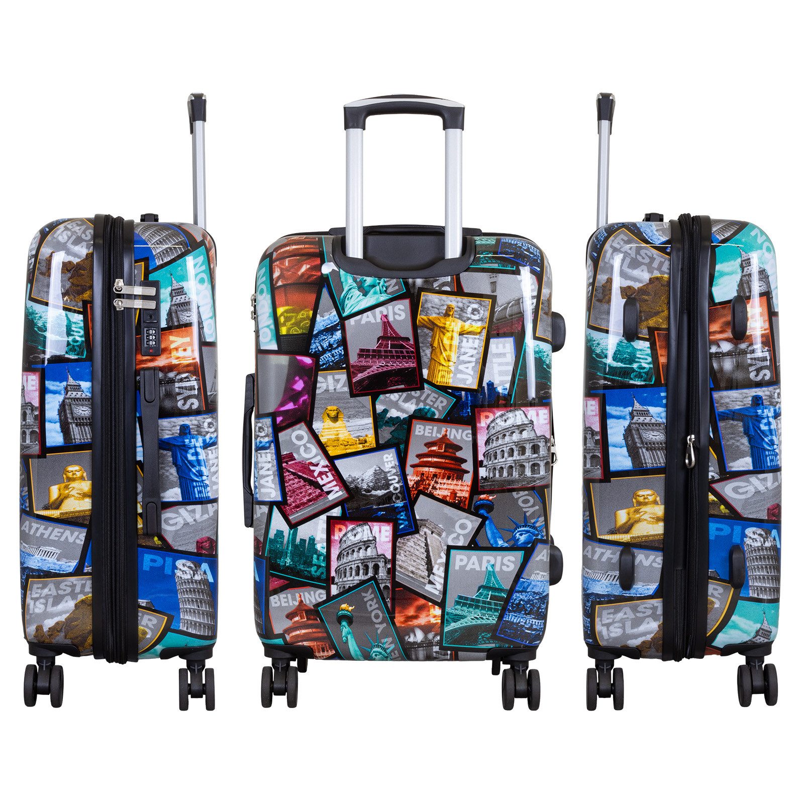 Trendyshop365 Hartschalen-Trolley City bunter Motivoffer 3 Größen Städte Mix, 4 Rollen, Zahlenschloss, Polycarbonat, Dehnfalte