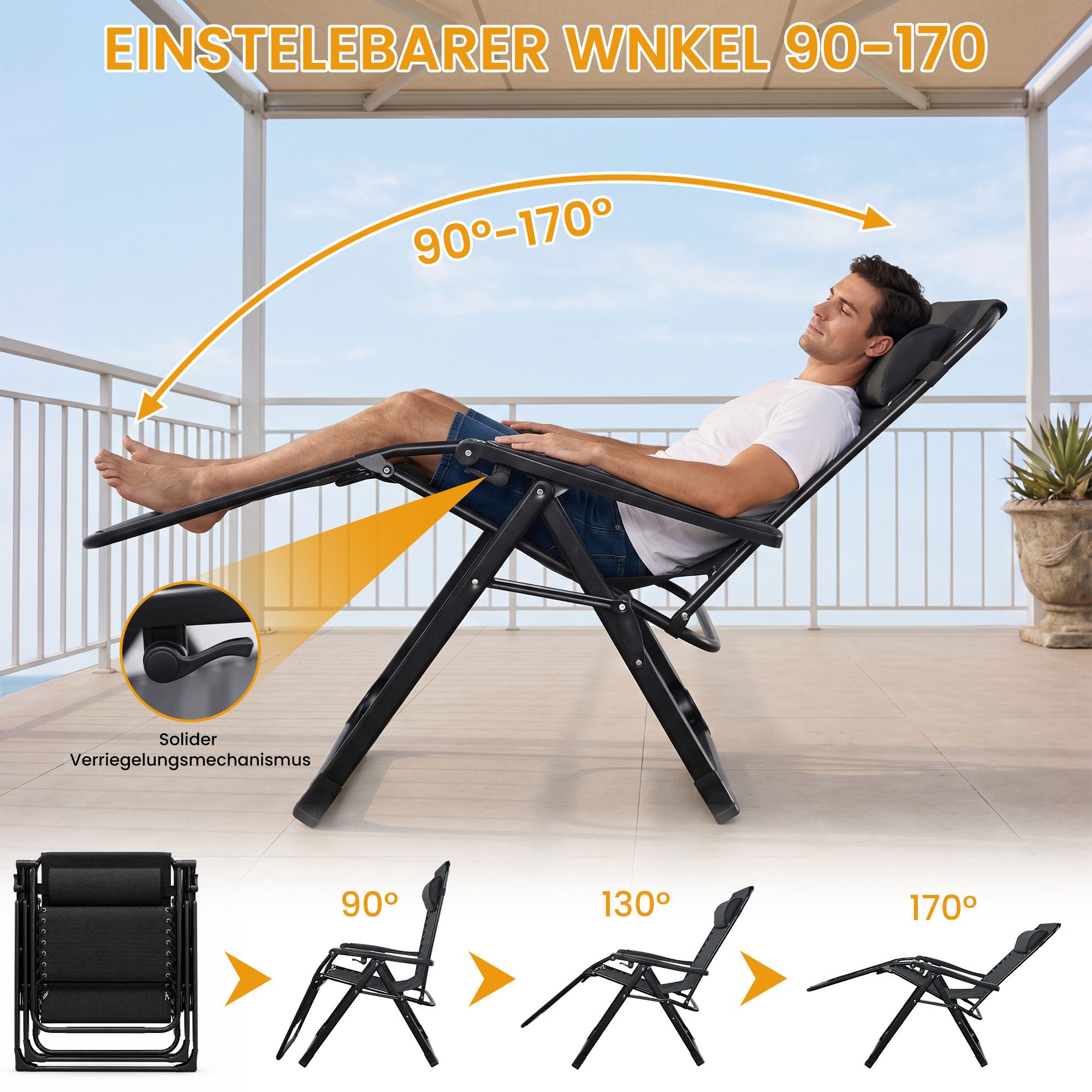 DAITORE Gartenliege Sonnenliege Klappbar, Liegestuhl, Extra groß Gartenliege, für Patio-Garten-Strand-Pool, mit Kissen-Unterstützung 200kg