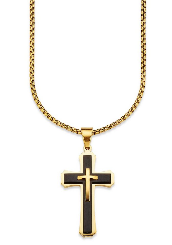 Bruno Banani Kette mit Anhänger Schmuck Geschenk, Halskette Kreuz  Venezianerkette Gold Schwarz