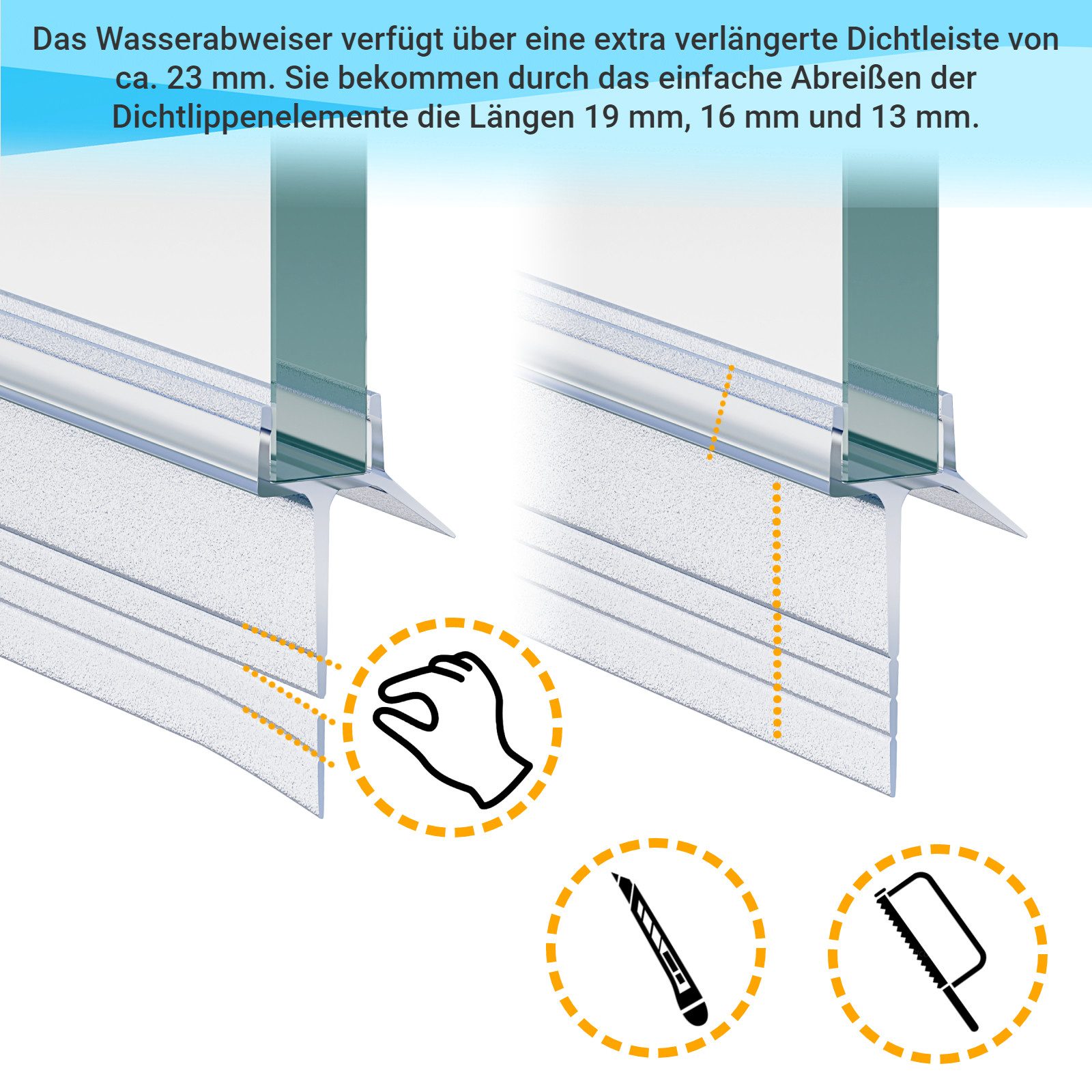 WITEN&NOCK Duschdichtung 2xDuschdichtungen mit extra verlängerter Lippe Ersatzdichtung 7-8mm, L: 60 cm, L: 50 - 200 cm, (2-St), zum Kürzen abreißbar