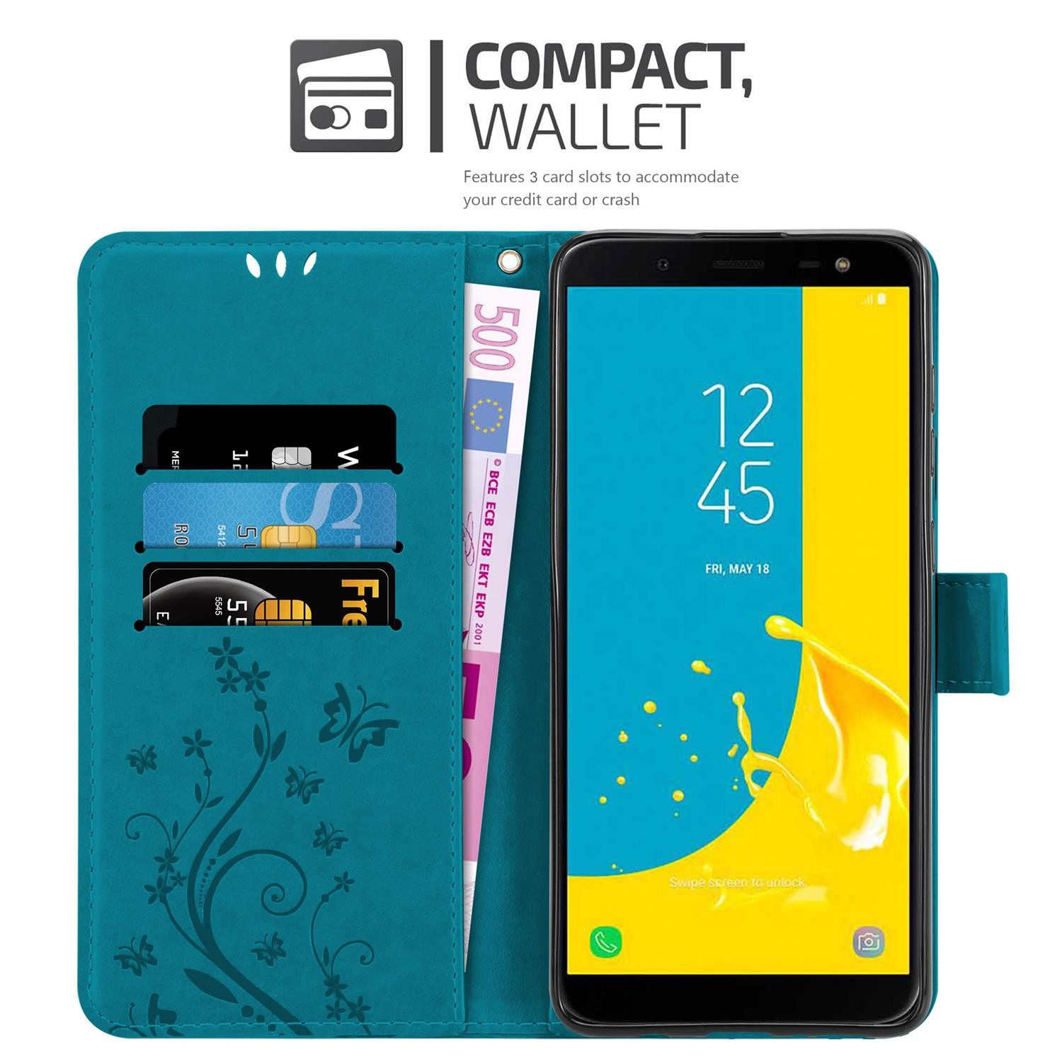 Cadorabo Handyhülle für Samsung Galaxy J6 2018 Hülle Samsung Galaxy J6 2018, Hülle Schutzhülle Blumen Flower mit Standfunktion Kartenfach Magnet
