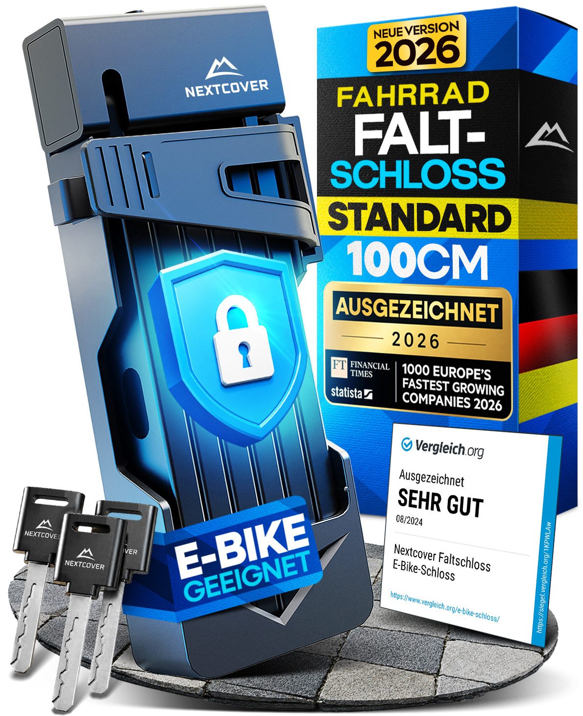 Nextcover Faltschloss SteelSecure mit Halterung, ca. 100 oder 120 cm, Schlüssel oder Code
