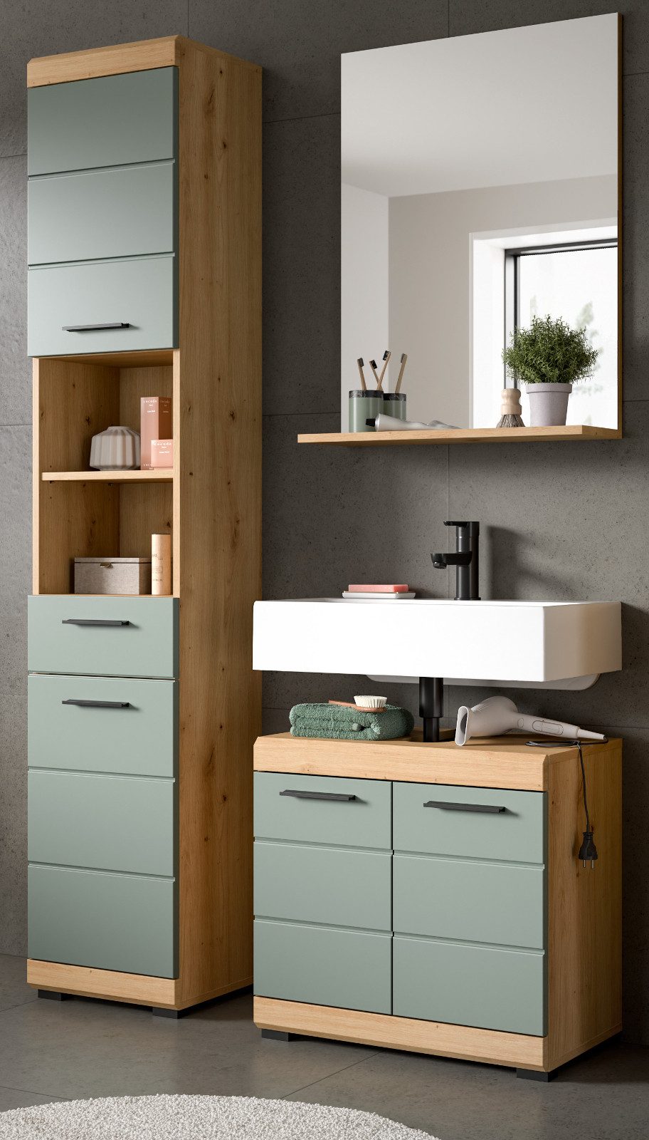 Inn.Furn Badmöbel-Set Shawn, (Badezimmer in Salbei und Artisan Eiche, 3-St., 112 x 191 cm), Vollauszug, mit viel Stauraum