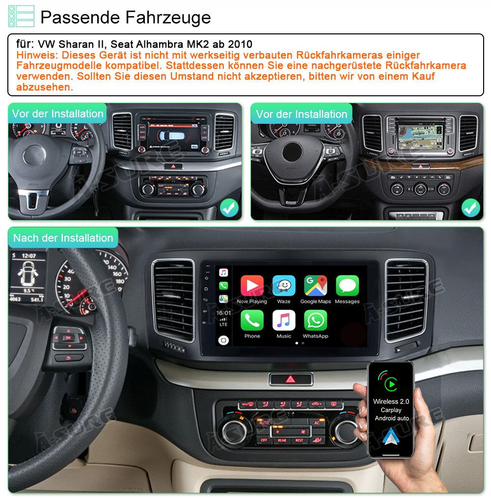A-Sure 8-Core 4-Core Android 15 Carplay Navi Für VW Sharan 7N Seat Alhambra Autoradio (DSP, RDS, Digitalradio (DAB), USB)