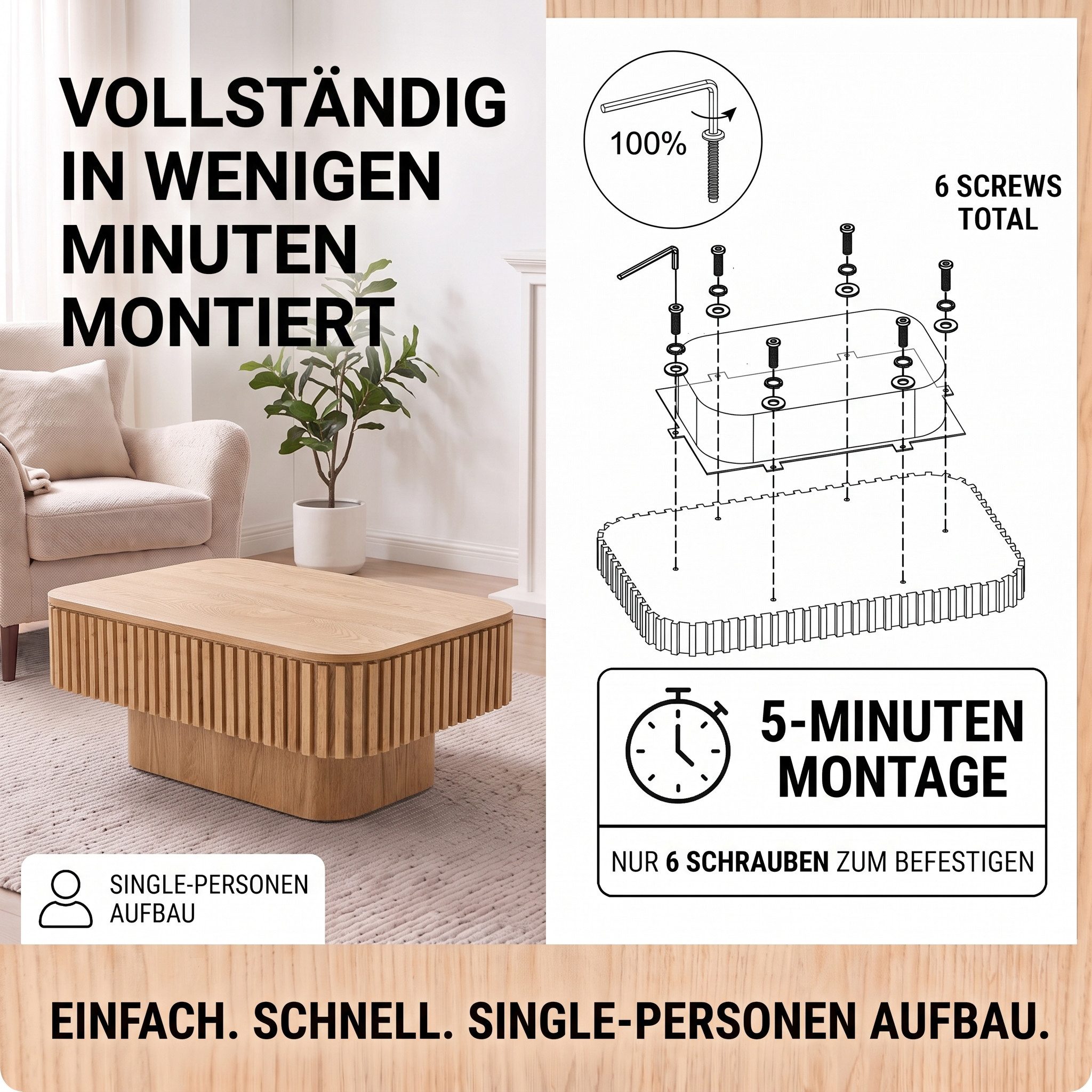 Celya Couchtisch 98 cm Rechteckiger Cocktailtisch mit verstecktem Stauraum (aus Massivholzfurnier, einfache Montage in 5 Minuten, für Wohnzimmer) – Bild 4 von 5