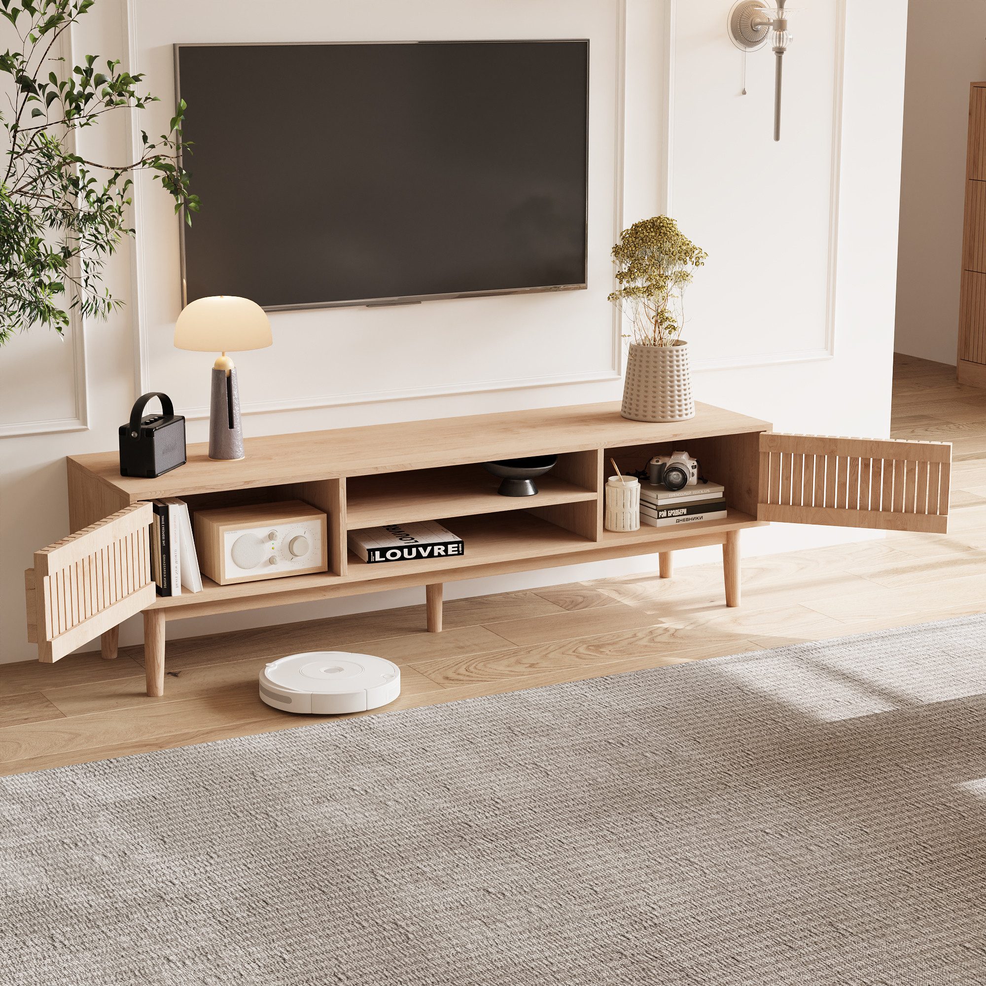 Furnishings Home TV-Schrank Lowboard TV-Board mit 2 Schranktüren, Holzbein (1-St) Mit 4 Fächer, Rutschfeste, modernes Design