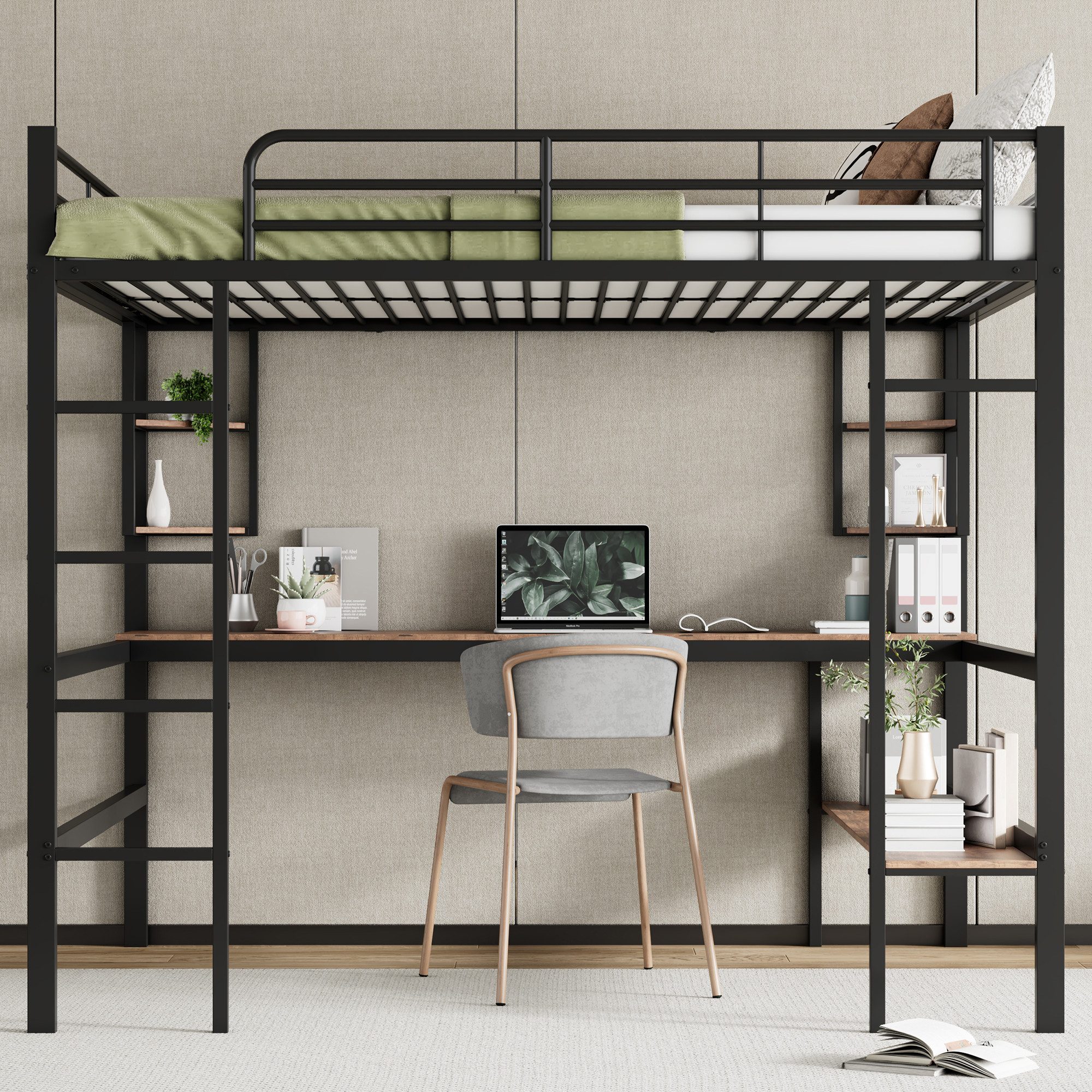 MC Star Bett Bettgestell Metallbett, Eisenbett mit Schreibtisch (Hochbett mit vier kleinen Regalen und einem großen Bücherregal für Kinder, Jugendliche und Erwachsene, schwarz)