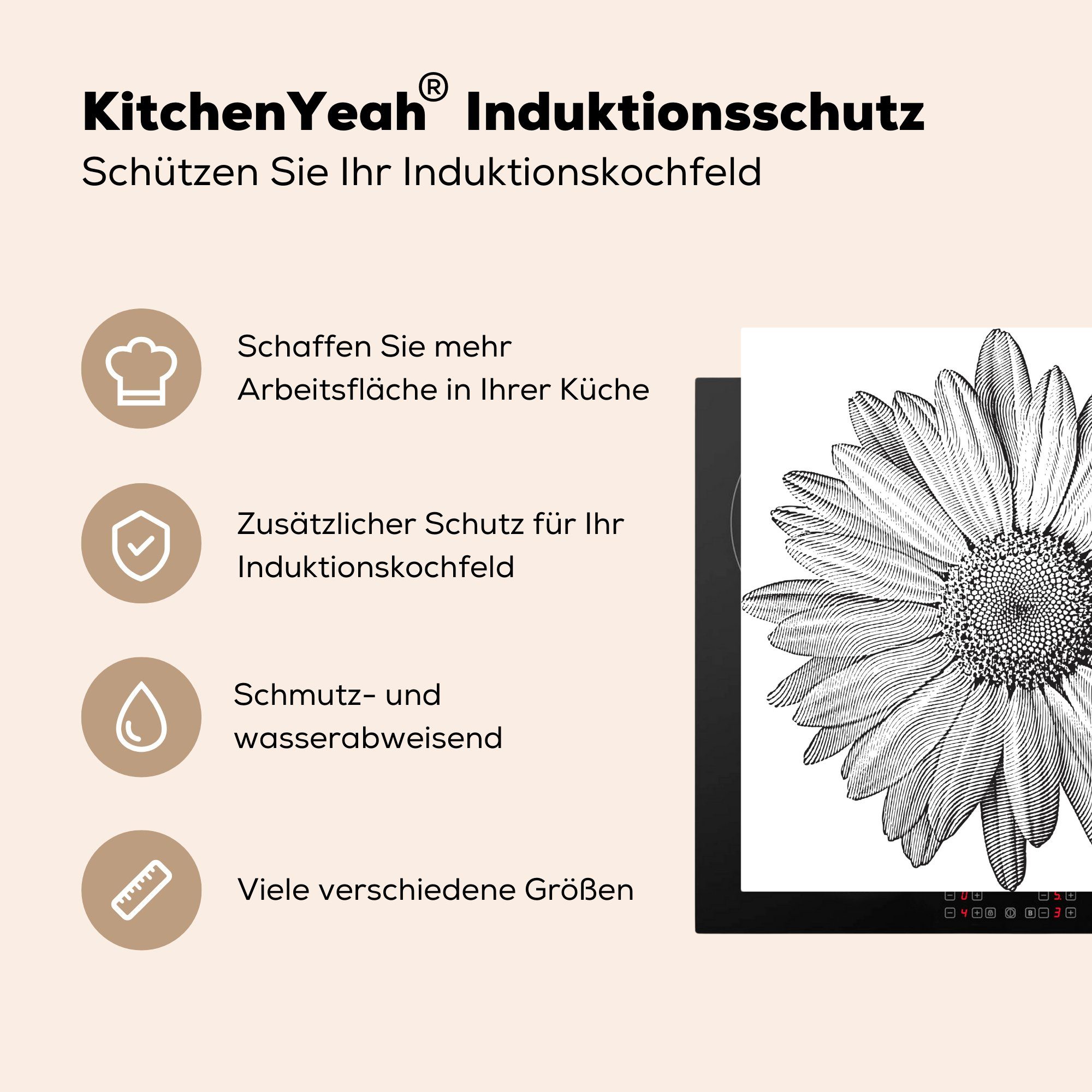 Blume, tlg), Skizze (1 küche für - Vinyl, MuchoWow Gänseblümchen Herdblende-/Abdeckplatte Arbeitsplatte Ceranfeldabdeckung, 78x78 - cm,