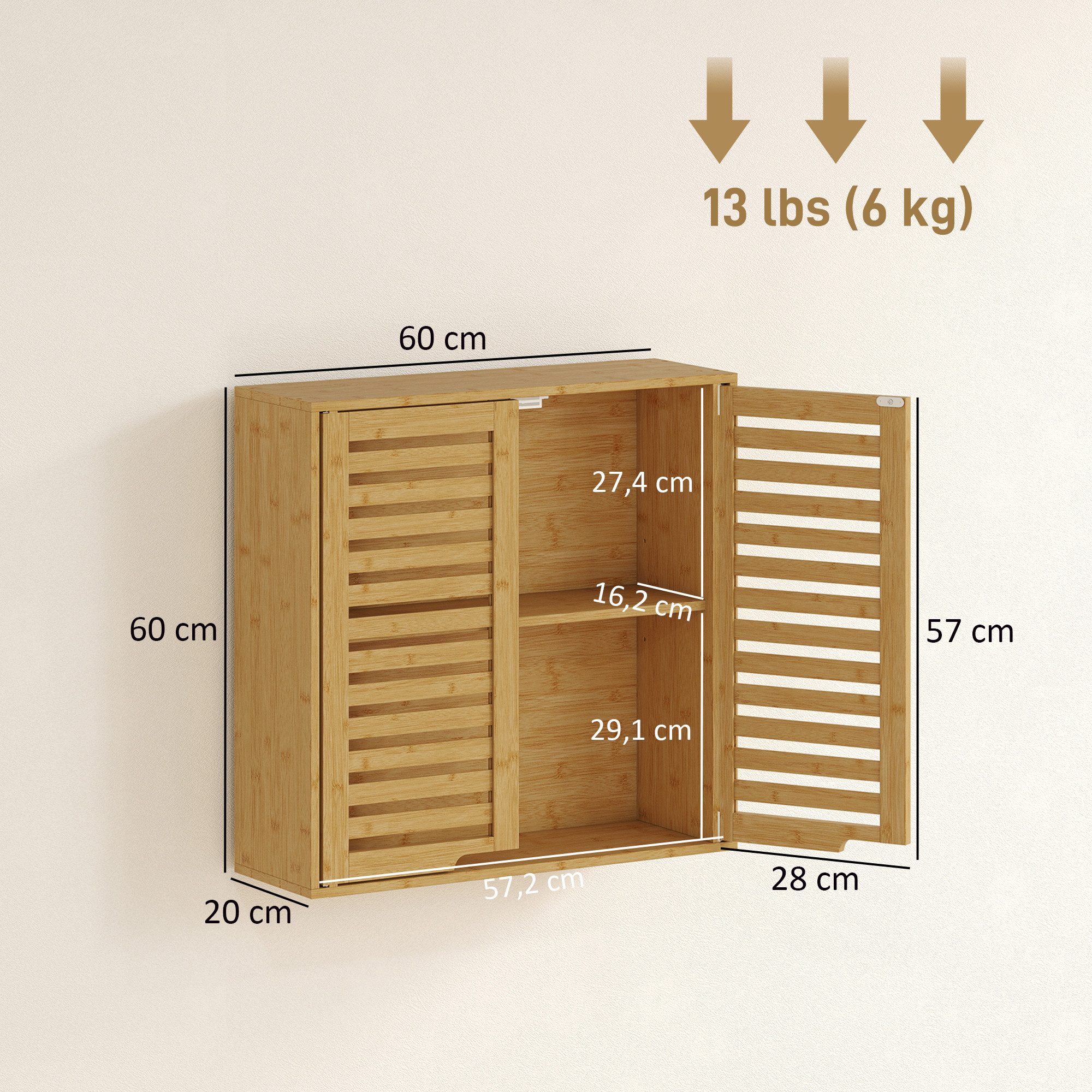 HOMCOM Hängeschrank Wandschrank aus Bambus, atmungsaktive Lamellentüren, Badschrank (Wandschrank aus Bambus, 1-St., Badezimmerschrank) über der Toilette, 60 x 2 – Bild 3 von 5