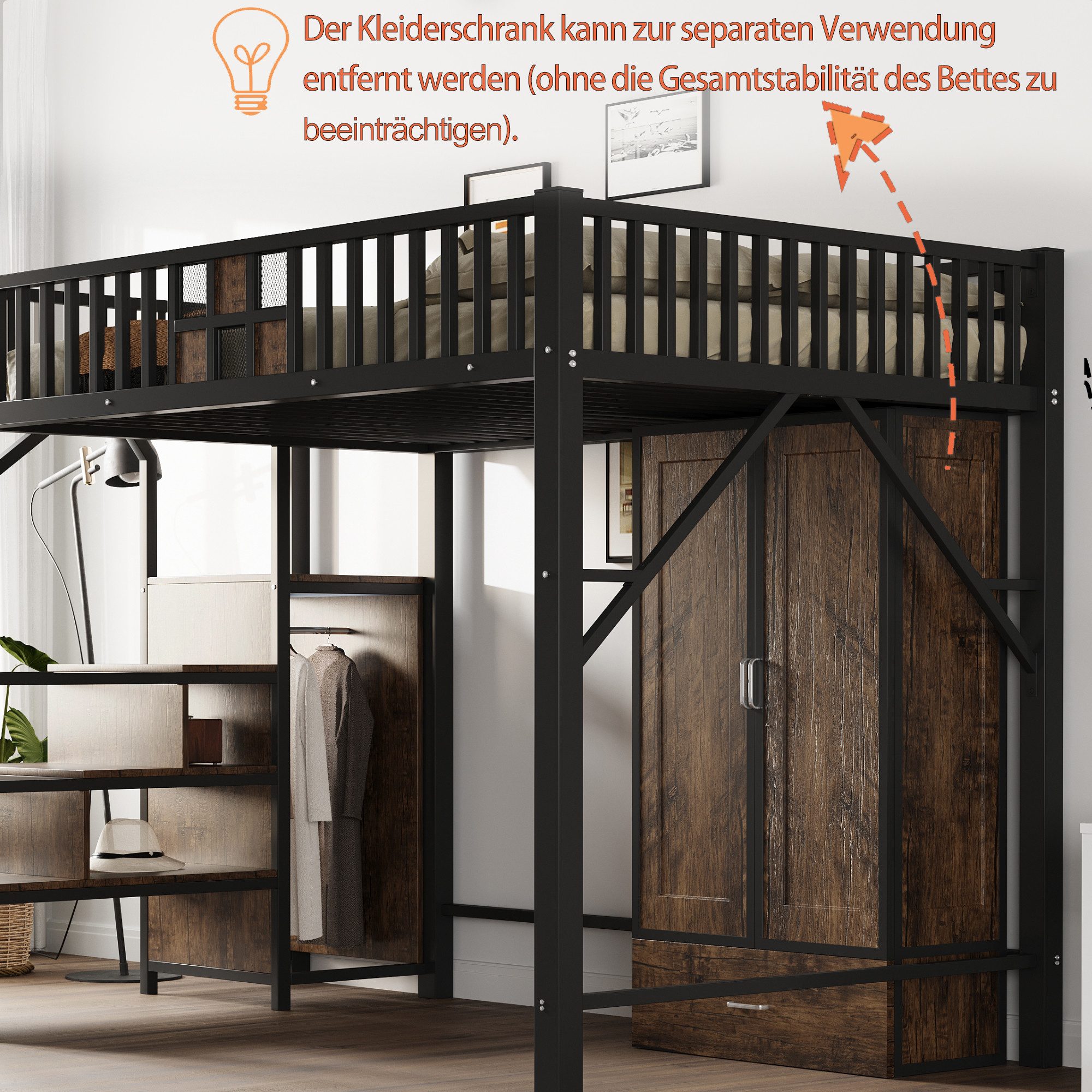 Celya Hochbett 140 × 200 cm Mit Markantem Geländerdesign Aus Holz und Metallgitter (ohne Matratze, mit Großem Kleiderschrank, Schubladen und Aufbewahrungsleiter) Geeignet für Schlafzimmer