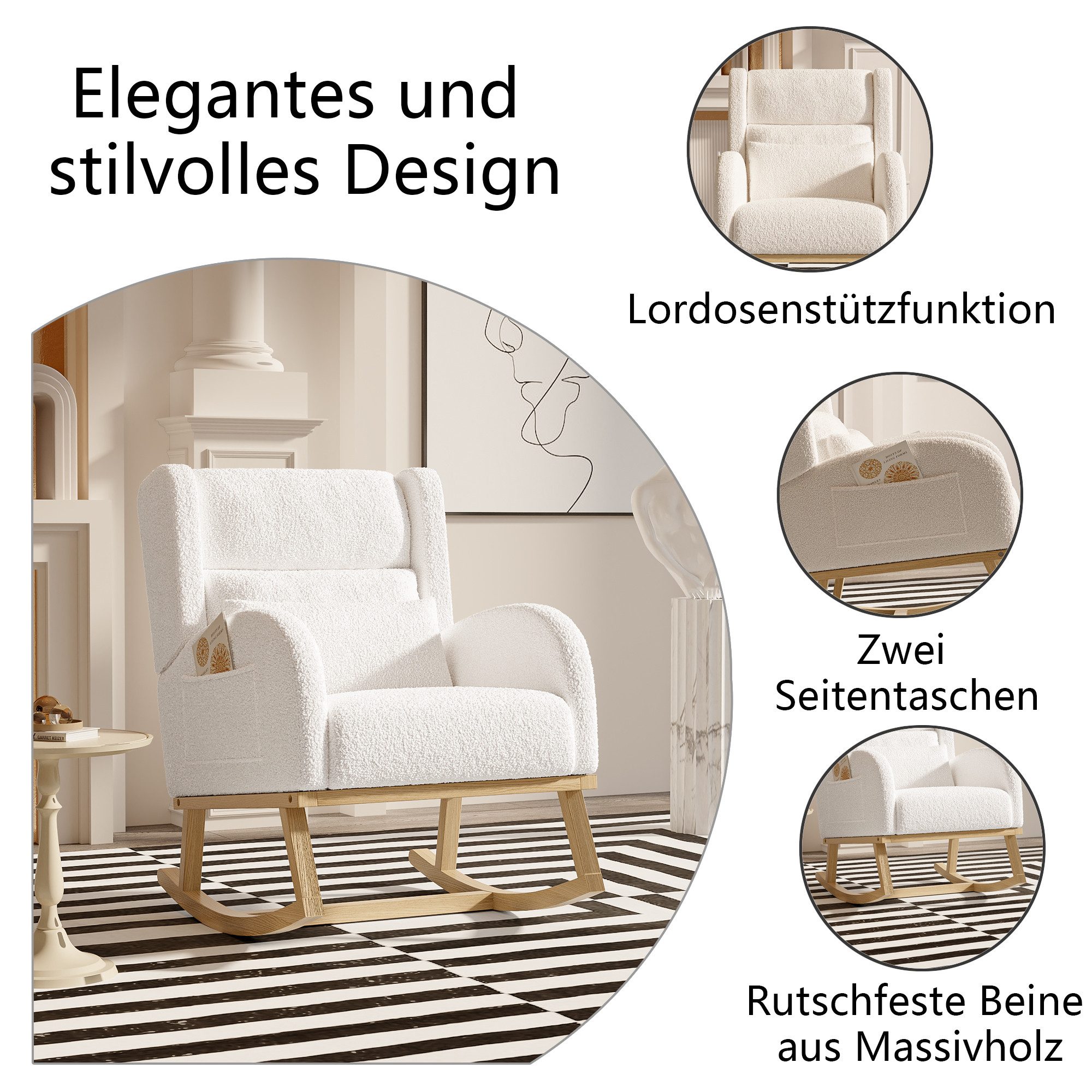 FUROKOY Schaukelsessel Schaukelstuhl mit Massivholzfüßen, für Schlafzimmer (Set, 1-St), 2 Seitentaschen,1 Lendenkissen,Teddystoff,Weiß. Reduzierter Preis € 128,80. Unverbindliche Preisempfehlung € 309,00