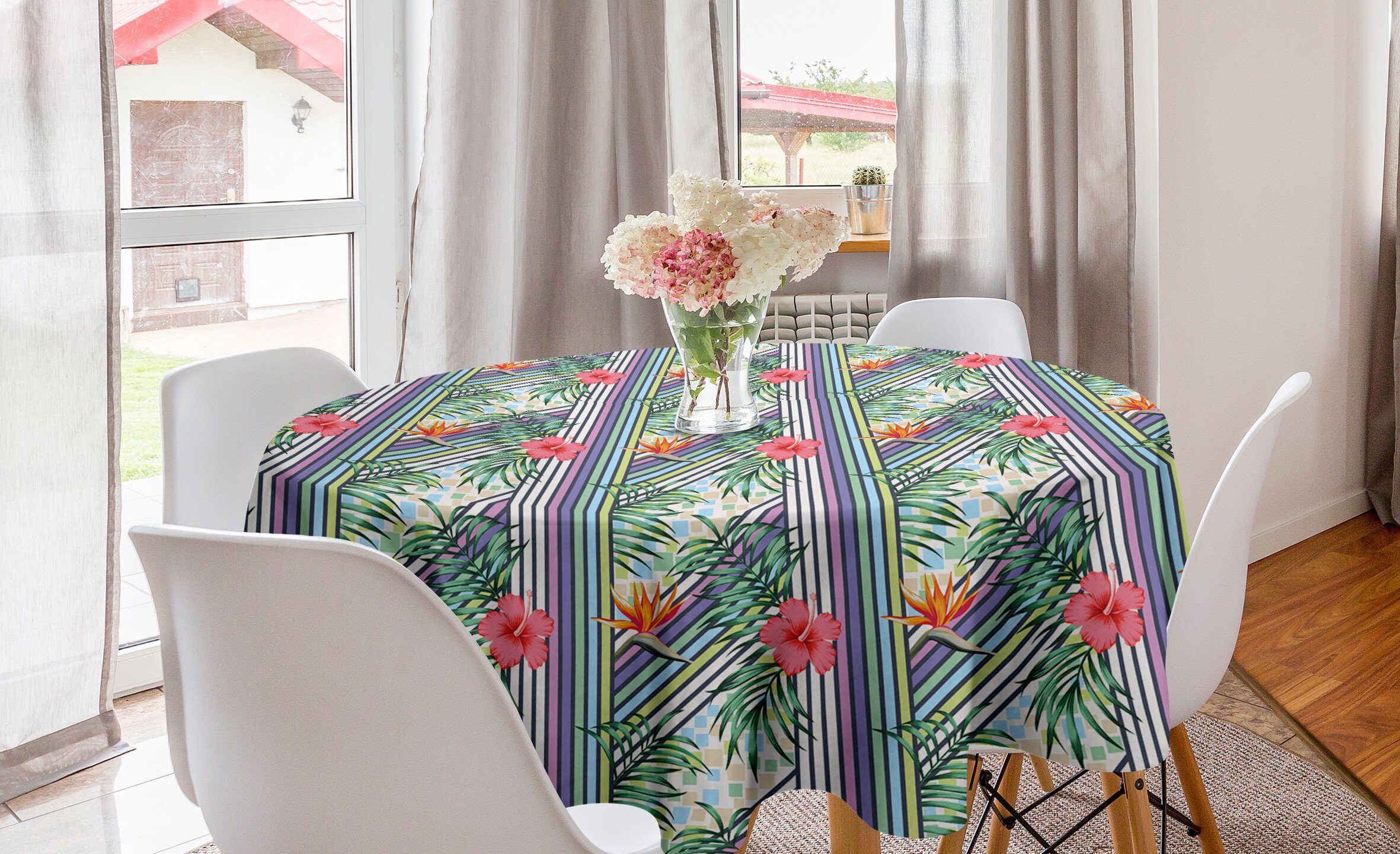 Kreis Tischdecke für Esszimmer Hibiscus-Streifen Abakuhaus Dekoration, Tischdecke Küche Hawaii-Farben Abdeckung