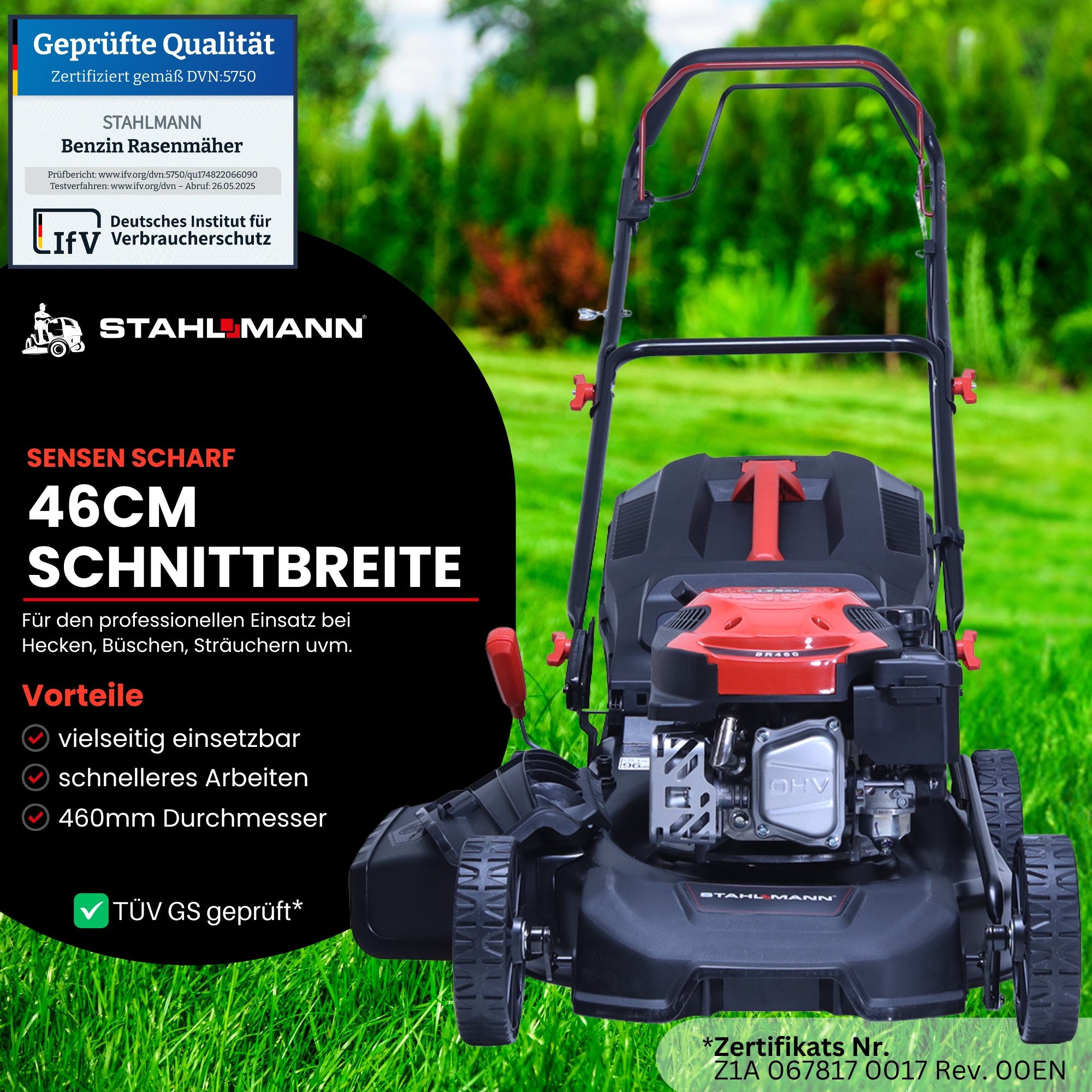 Stahlmann Petrol Lawn Mower BR460 – 5.4 HP (4.0 kW) 170 cc with drive, 46 cm cutting width, mulching, EasyClean, large wheels, 60 L grass catcher