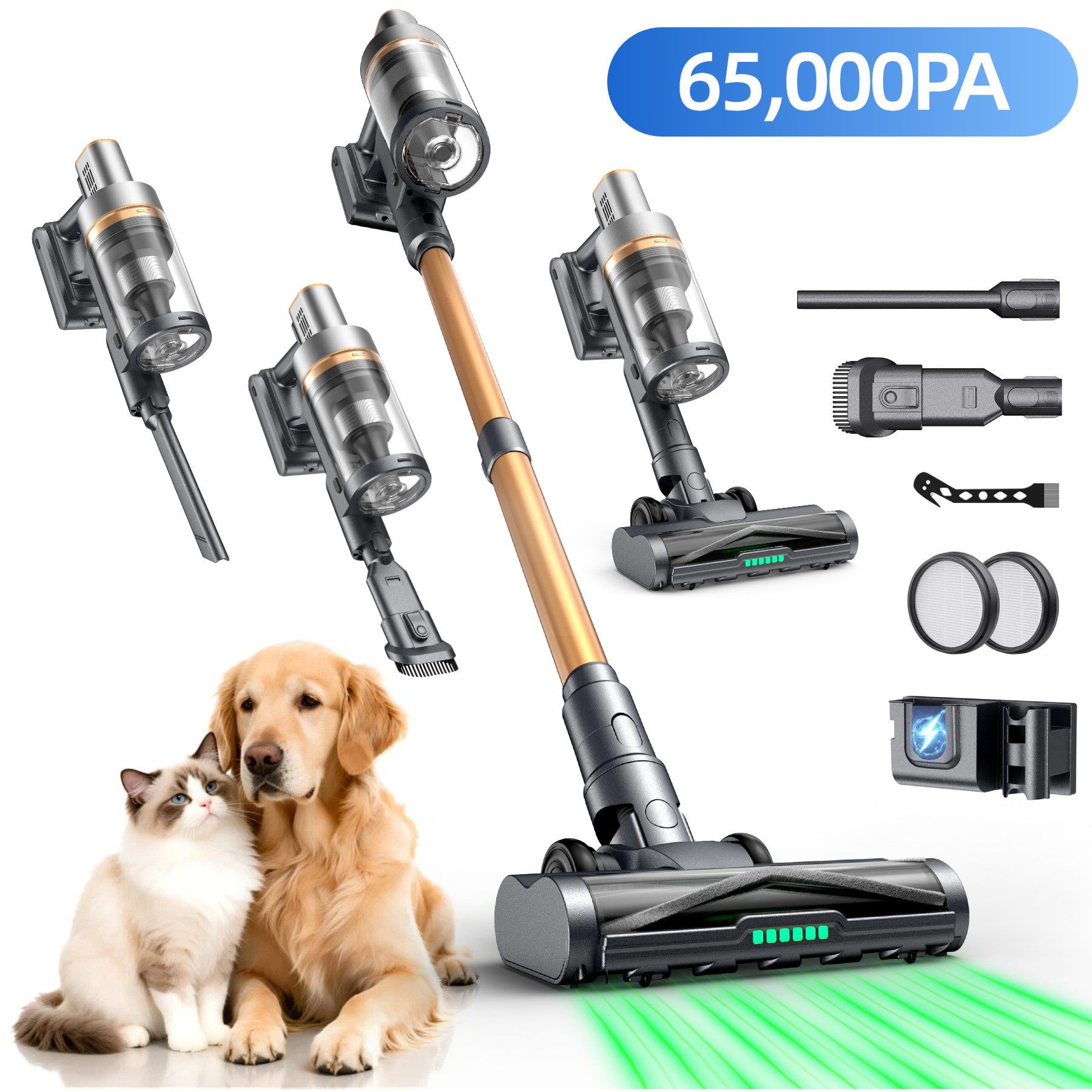 Circlio Akku-Stielstaubsauger Kabellos Akku Staubsauger 65KPa, Staubsauger Kabellos mit LED Display, 650 W, beutellos, Akkusauger mit Antitanglebürste für Teppich, Hartboden und Tierhaare