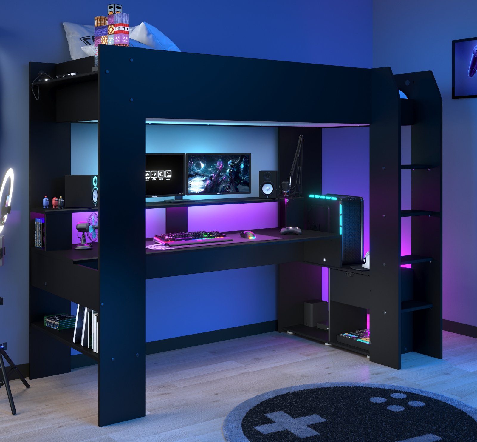 Parisot Hochbett Online (Etagenbett inkl. Schreibtisch und LED Beleuchtung) mit Lattenrost