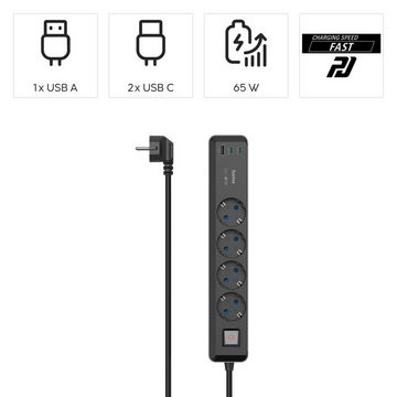 Hama 7in1 Steckdosenleiste mit USB Netzteil 3fach, 65w Ladegerät, USB-C, PD Steckdosenleiste 4-fach (Ein- / Ausschalter, Schalterbeleuchtung, USB-Anschlüsse, Schutzkontaktkupplung, Kabellänge 1,4 m)