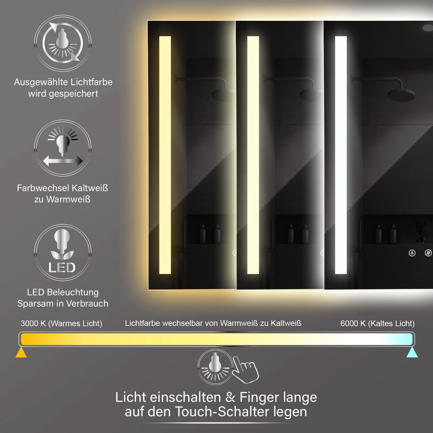 HOKO Badspiegel mit beleuchtung + Antibeschlag, Wandspiegel mit Licht 50x70/60x80cm, (Warmweiß - Kaltweiß - Neutral. Licht mit Touch Schalter und mit Wandschalt – Bild 4 von 5