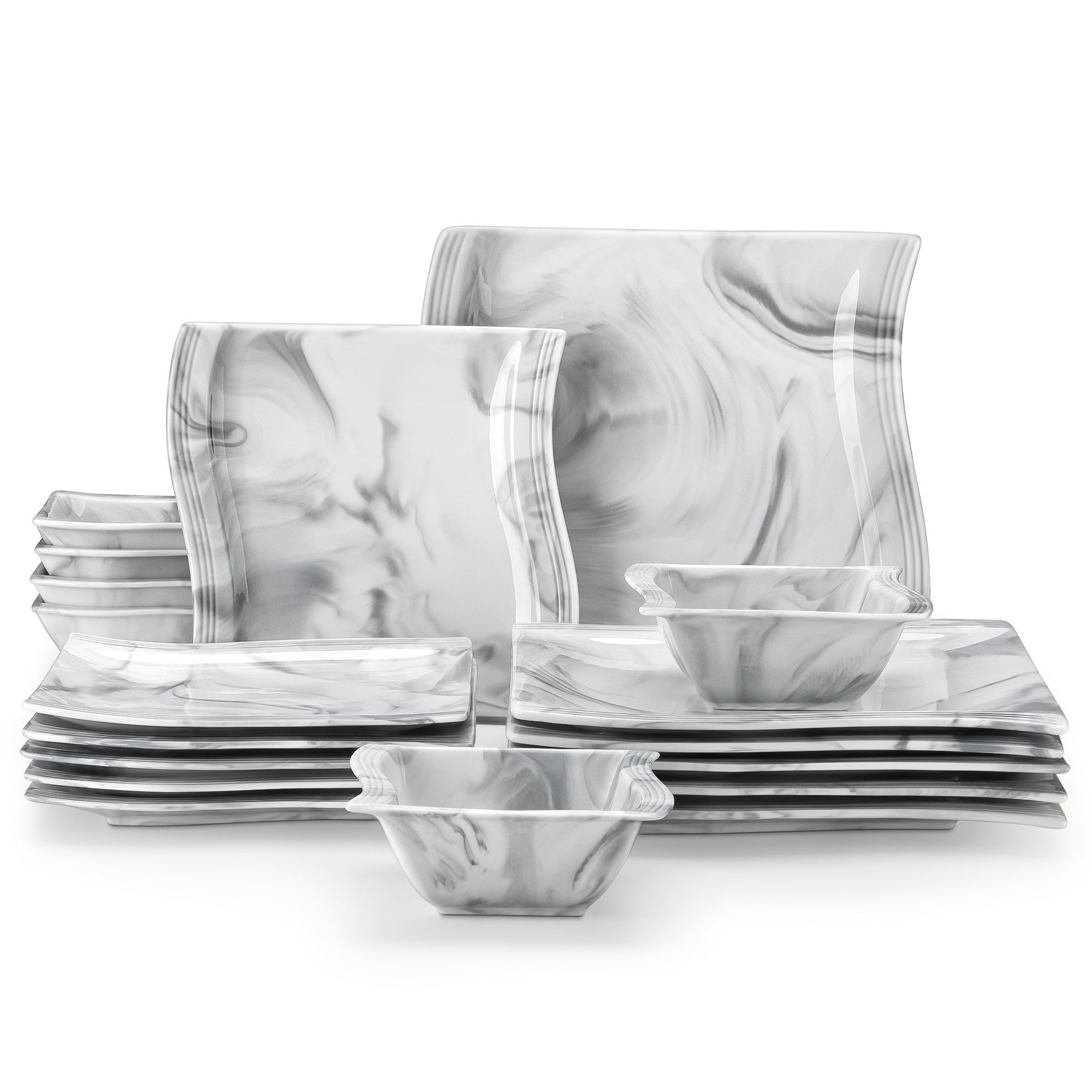 MALACASA Geschirr-Set Tafelservice FLORA für 6/4 Personen Marmor Geschirrset (18-tlg), 6 Personen, Porzellan