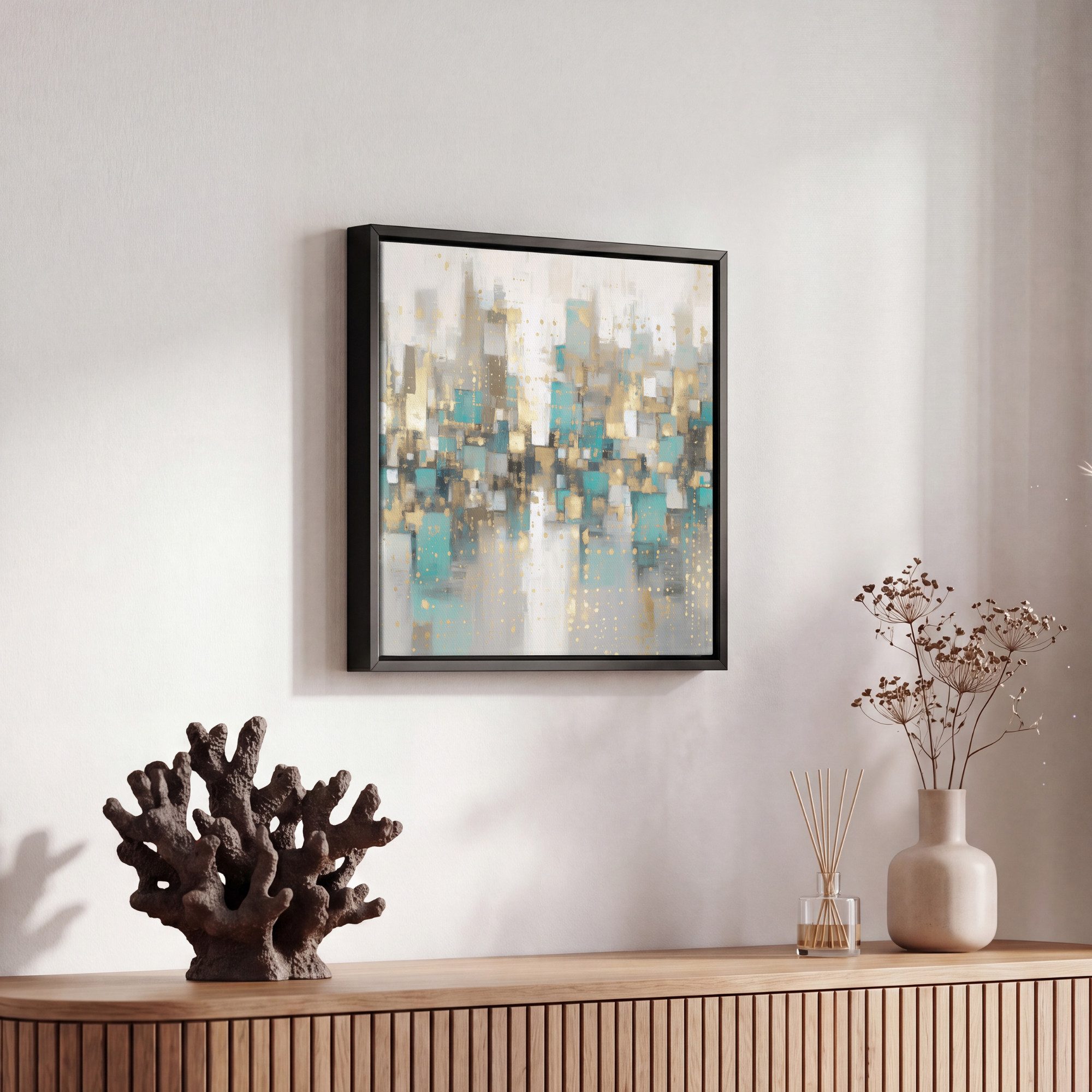 OneMillionCanvasses® Leinwandbild mit Rahmen - Abstrakt - Blöcke - Gold - Skyline, Fotodruck (1 St), Leinwand Bilder Klein, Wand Dekoration Aesthetic 20x20cm – Bild 5 von 5