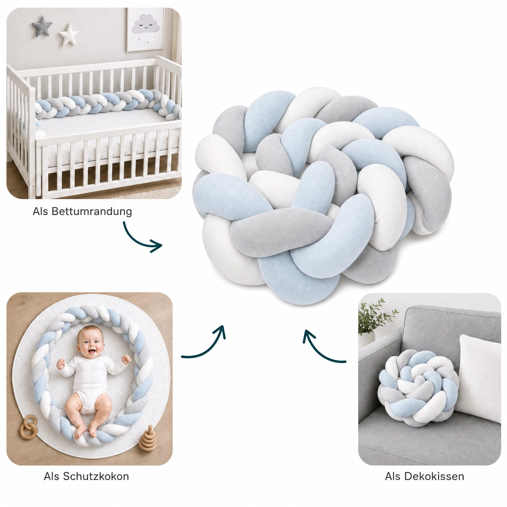 LuMali Nestchenschlange Bettschlange geflochten 210cm Nestchen Bettumrandung Babybett Zopf, Stillkissen Seitenschläfer Velour weich hypoallergen Pastellfarben