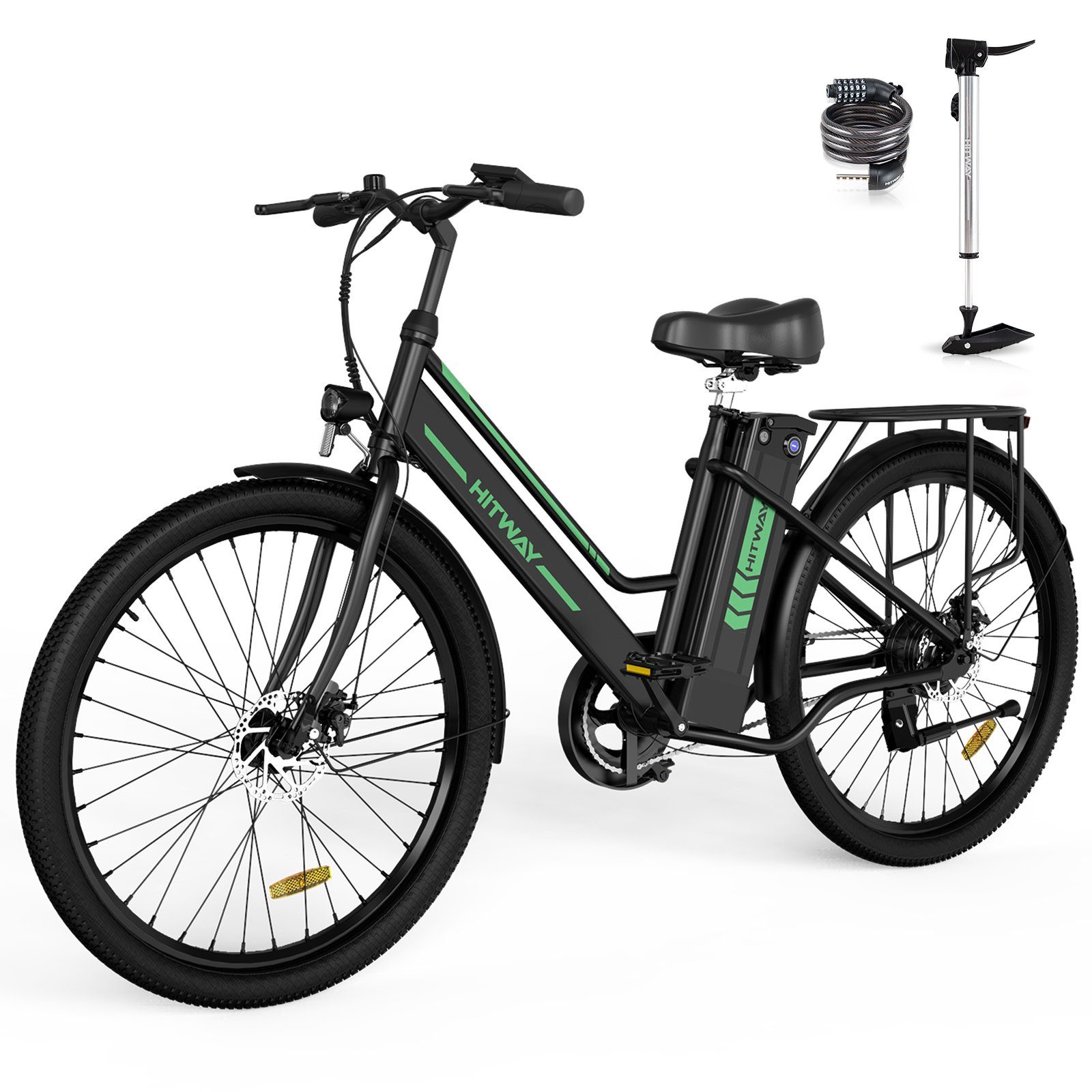 HITWAY E-Bike 26 Zoll Batterieladegerät/ 8.4AH Pumpe/Fahrradschloss Herren 25km/h,35-70KM, E-Fahrrad für schwarz Heckmotor, Damen 36V