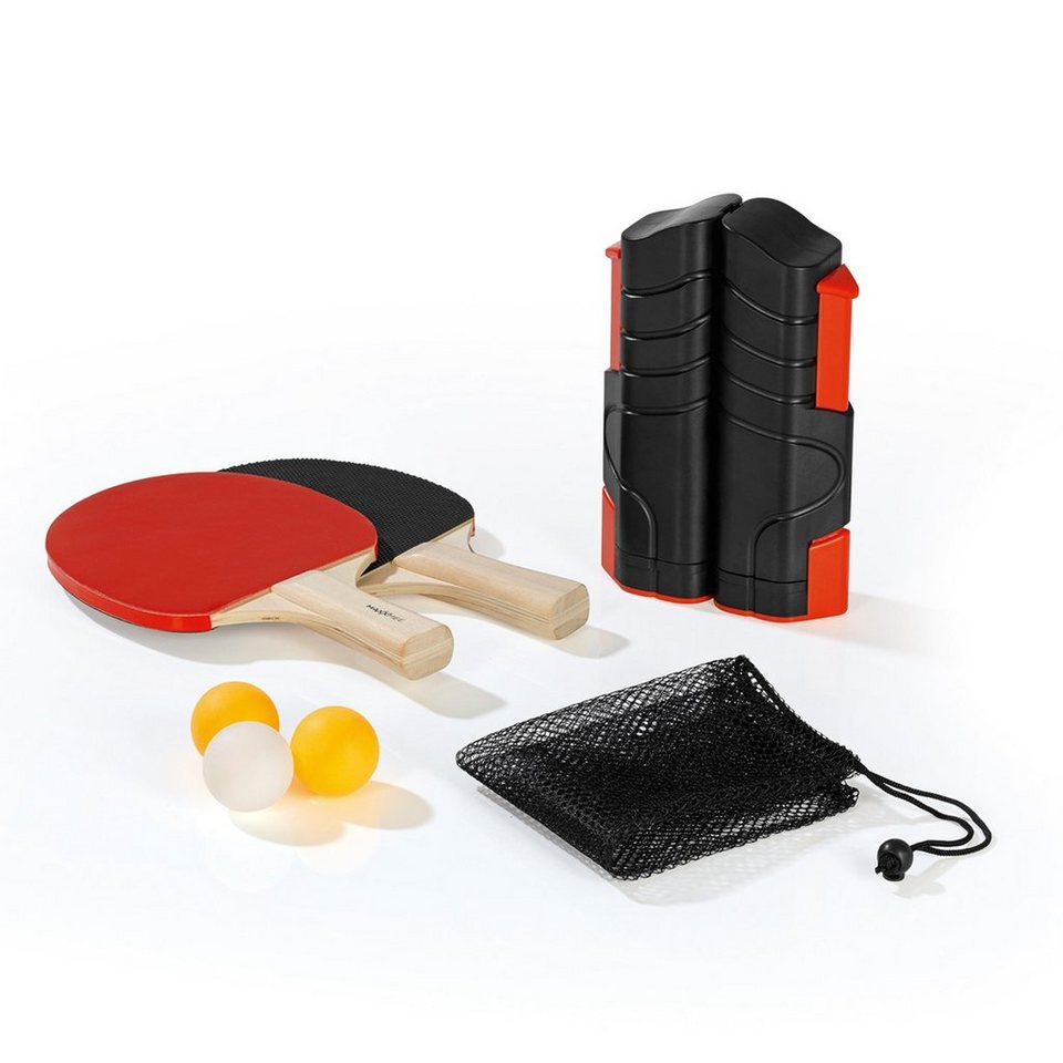 MAXXMEE Mini-Tischtennisplatte Tischtennis-Set (7-tlg), Tischtennis-Set zum Mitnehmen  schwarz/rot, Komplett-Set für das Tischtennis-Spiel auf nahezu jeder  Tischplatte
