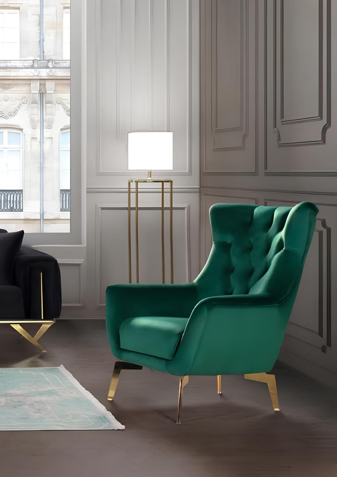 JVmoebel Ohrensessel Eleganter grüner Polstersessel aus Textilstoff mit goldenen Füßen (Packung, 1-St), Made in Europa