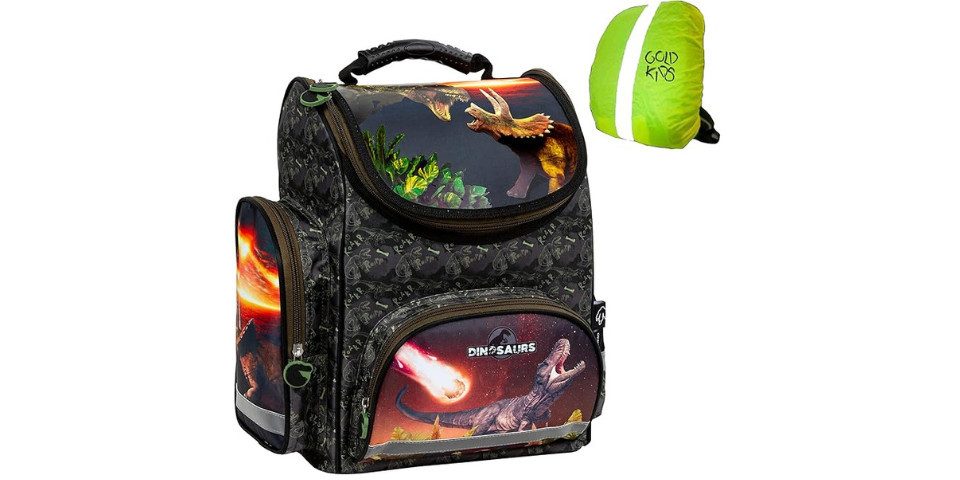 GOLDKIDS Schulranzen Ranzen Tornister mit (Dinosaurier Dino Motiv für Jungen Mädchen., 1-tlg., Geeignet ab der 1. Klasse der Grundschule), ink. Regenschutz