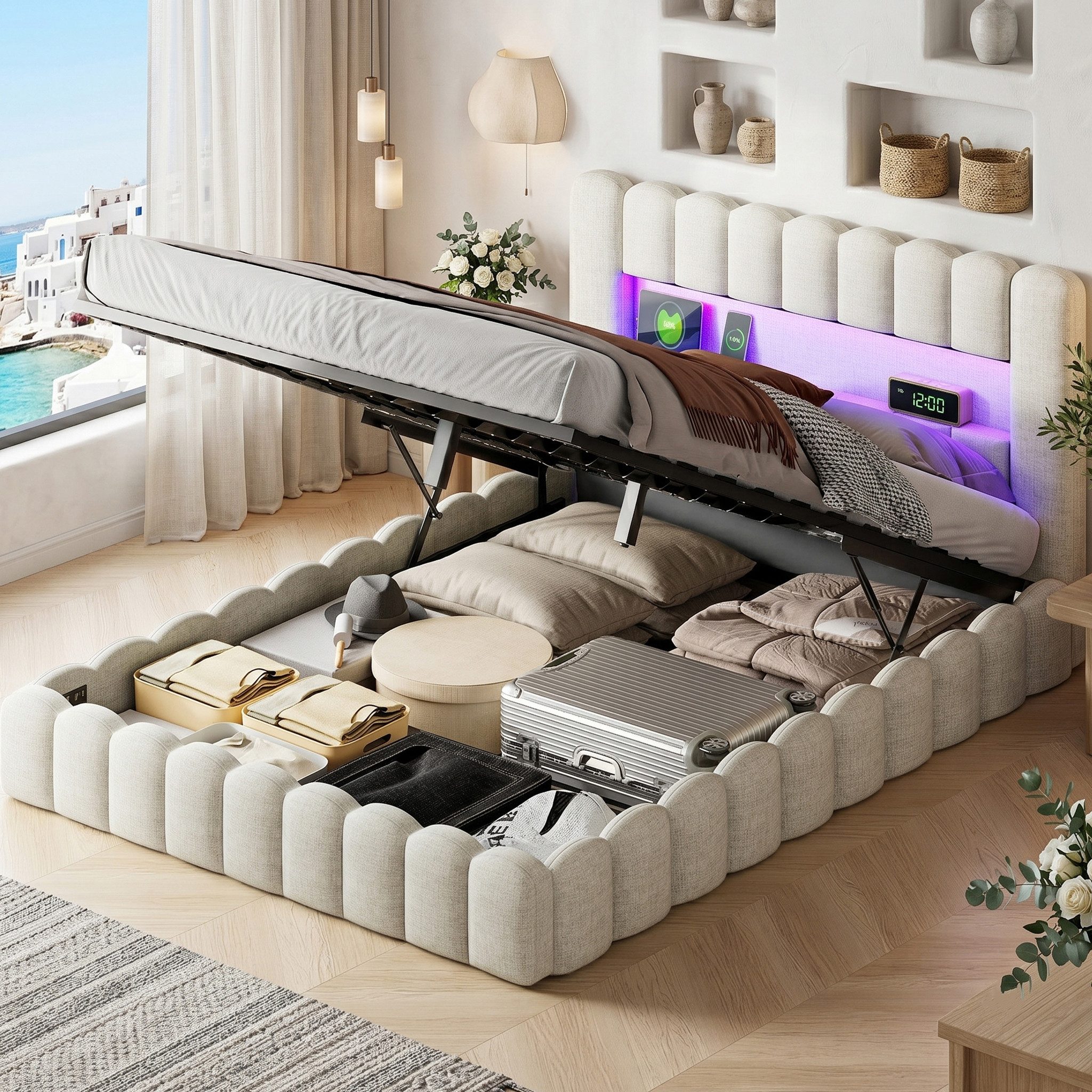zebery Stauraumbett Polsterbett Doppelbett Mit Bettkasten (Packung, 1-tlg., Mit hydraulischer Funktion), 140x200 cm,USB+Typ-C,Kopfteil und Bettgestell,Leinenstoff,Beige