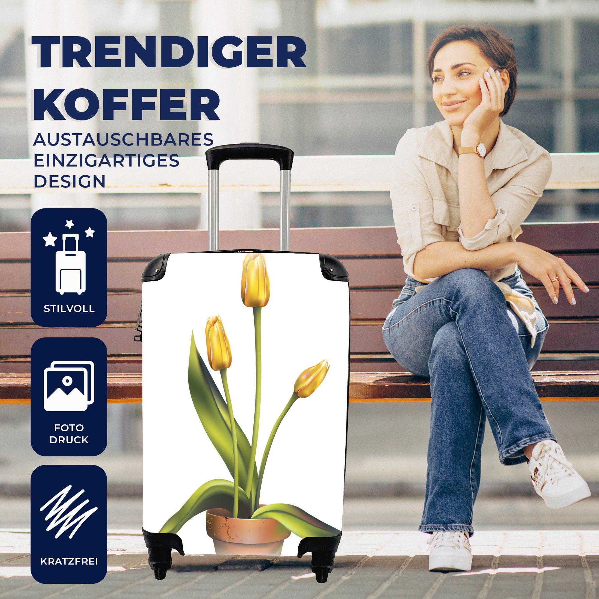 Handgepäck Ferien, von Handgepäckkoffer 4 MuchoWow drei mit Reisetasche Tulpen in für rollen, Reisekoffer Tontopf, Illustration Eine Trolley, gelben einem Rollen,