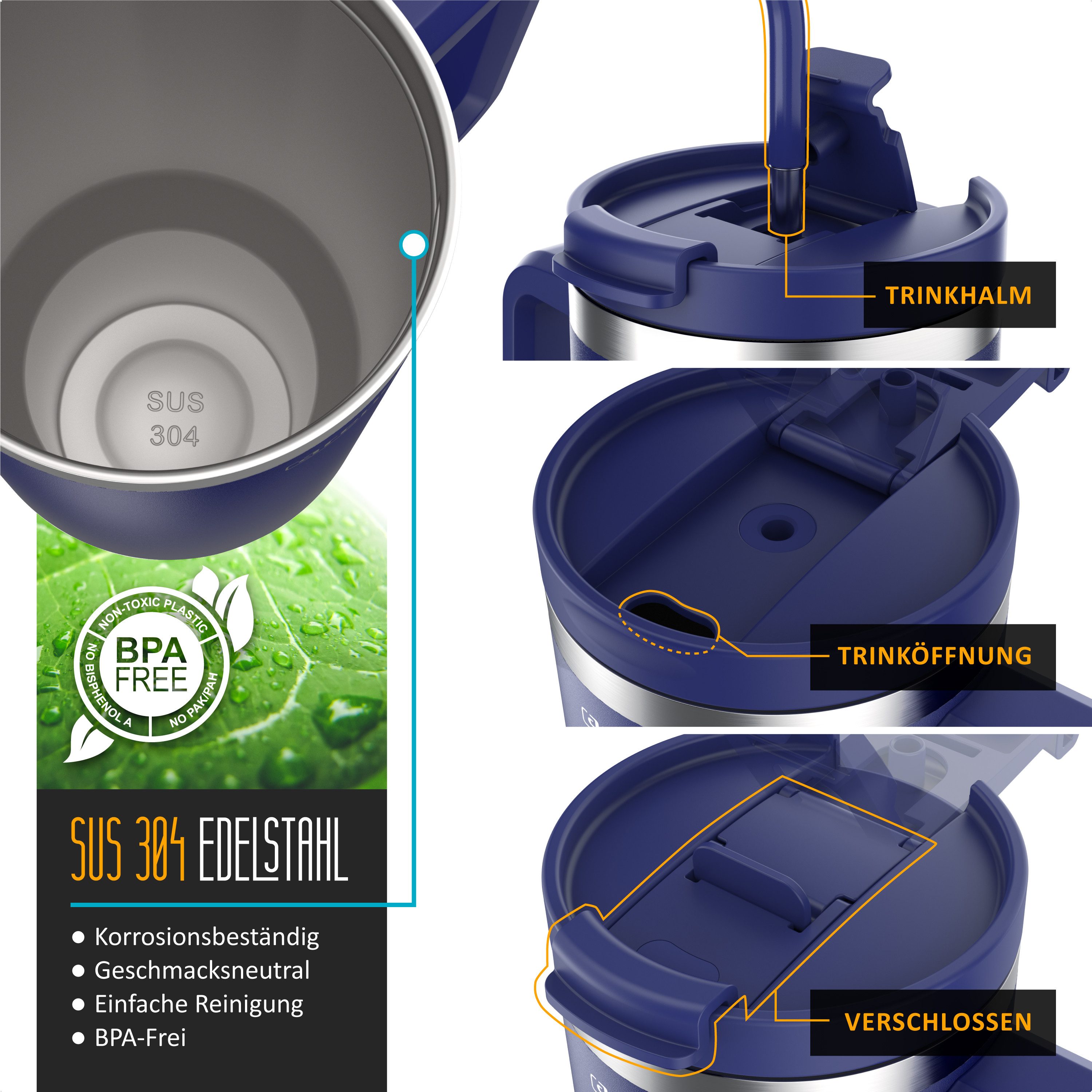 Arendo Thermobecher Tumbler 1200 ml, Becher mit Deckel, Henkel und Strohhalm, Thermal Mug, 4-tlg., Edelstahl, doppelwandig, Vakuumgehäuse aus Edelstahl, luftdichter Verschluss