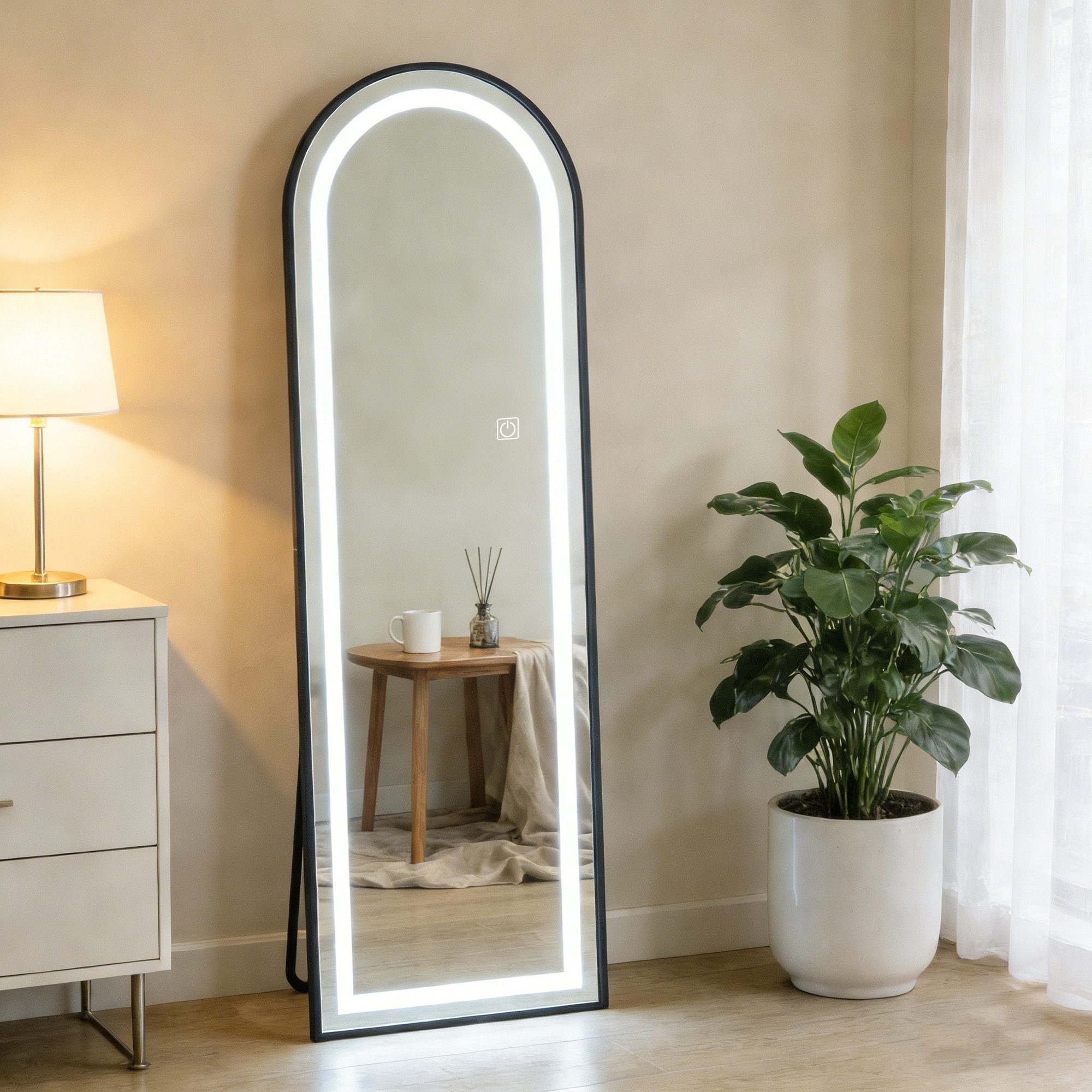 WILGOON Spiegel Ganzkörperspiegel mit LED-Licht 150×45 cm – Stand- oder Wandmontage (Ovaler Spiegel mit Stufenlos dimmbarer Beleuchtung, 3 Lichtfarben & Touch-Schalter für Schminken und Ankleiden), Schlanker Aluminiumrahmen, Schwarz – für Schlafzimmer & Flur