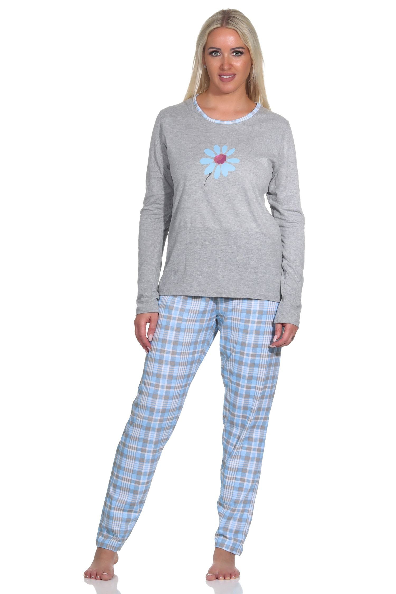 Normann Pyjama Damen Pyjama langarm, Schlafanzug mit Karo-Muster - 112 10 733 hellblau
