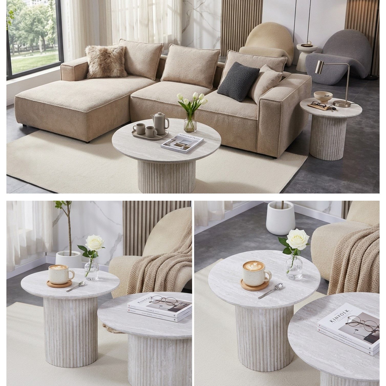 HOOZ Couchtisch Wohnzimmertisch rund 2er Set Trommel Gestell Marmoroptik Kalk 80&60 cm (Set, 2-St., 2× Satztisch), Sofatisch mit geriffeltem Gestell – stabil & pflegeleicht
