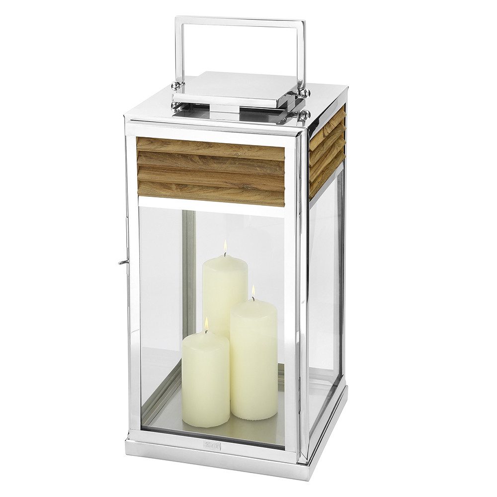 Fink Kerzenlaterne GENUA Laterne - H.60cm - braun/silberfarben - Edelstahl /Teakholz (Leuchte - Tischlaterne), Lichtlaterne mit Lampenhalter - Vielseitige Lichtquelle für Zuhause