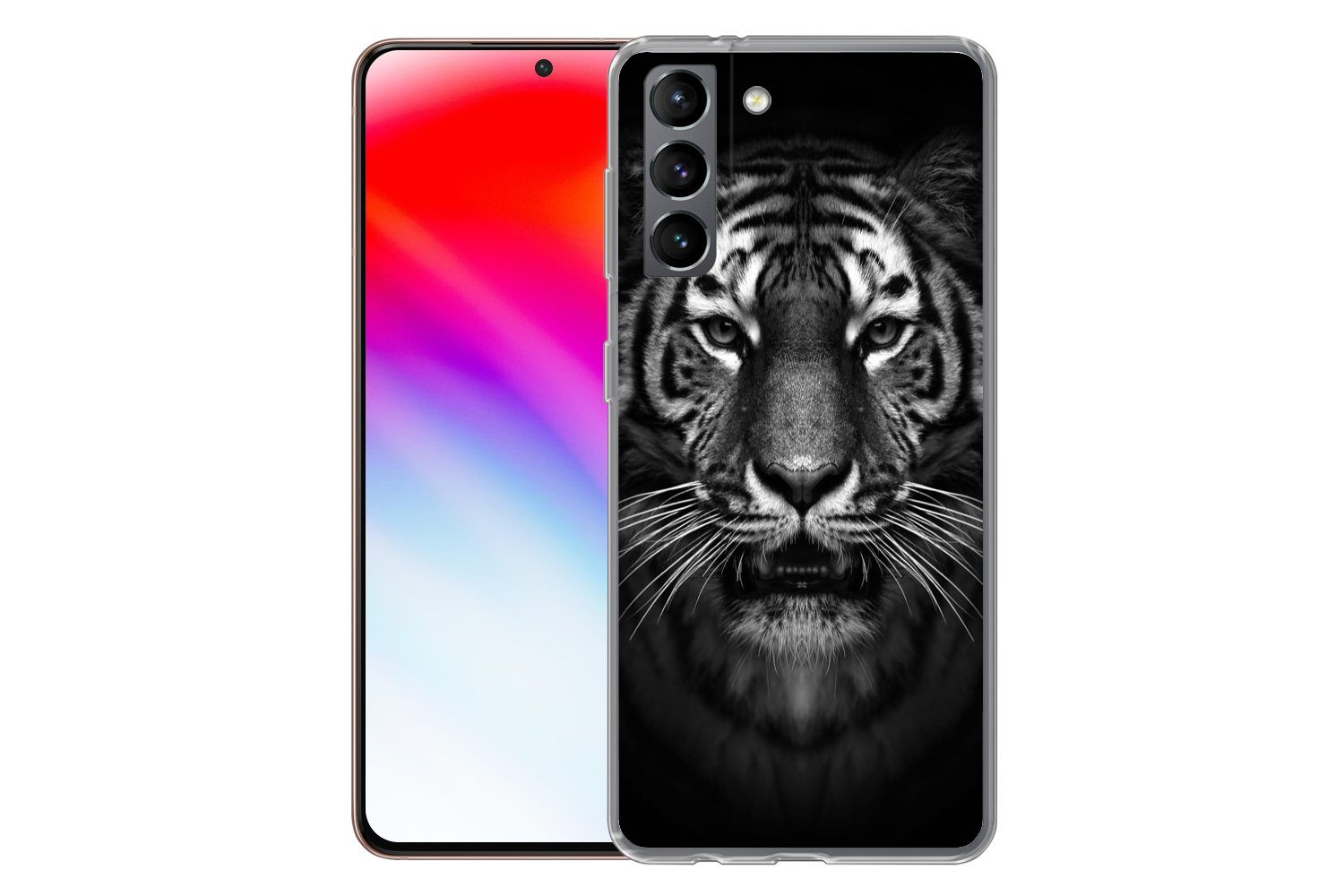 MuchoWow Handyhülle für Samsung Galaxy S21 Tiger - Tiere - Schwarz - Weiß - Porträt - Wild, Phone Case, Silikon, Schutzhülle Dünn