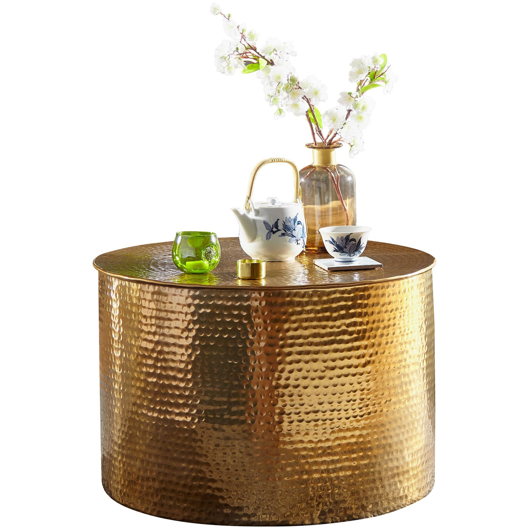 Wohnling Couchtisch WL5.483 (61x40,5x61 cm Aluminium Hammerschlag Gold Rund), Kleiner Wohnzimmertisch, Sofatisch Orientalisch