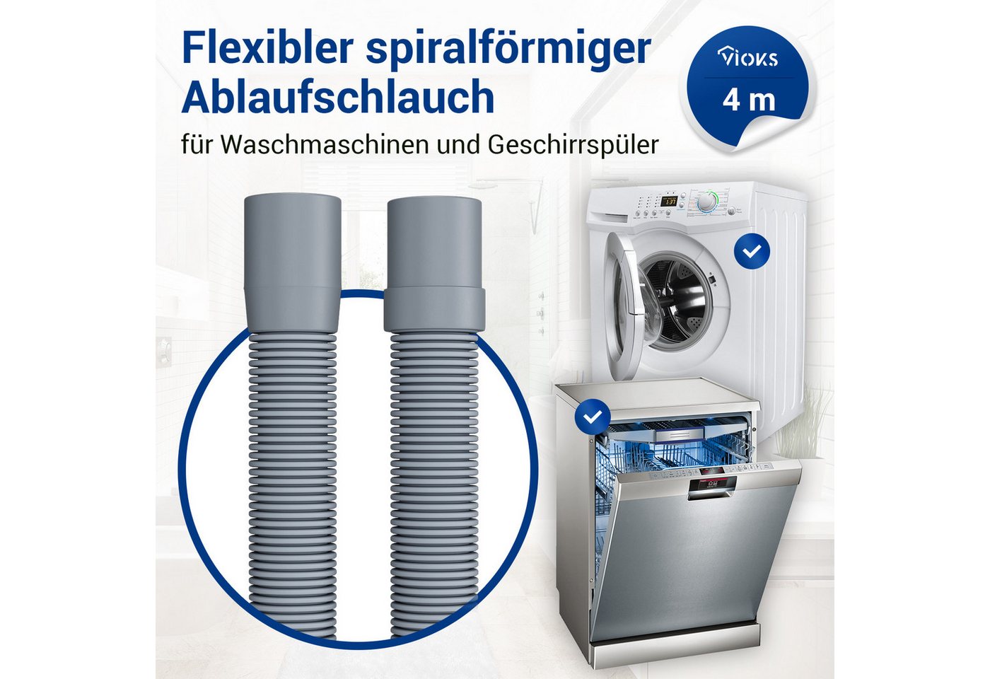 Thumbnail - VIOKS Ablaufschlauch Abwasserschlauch 19/22 mmØ Verlängerung, Zubehör für Waschmaschine Geschirrspüler, Universal Flexib...